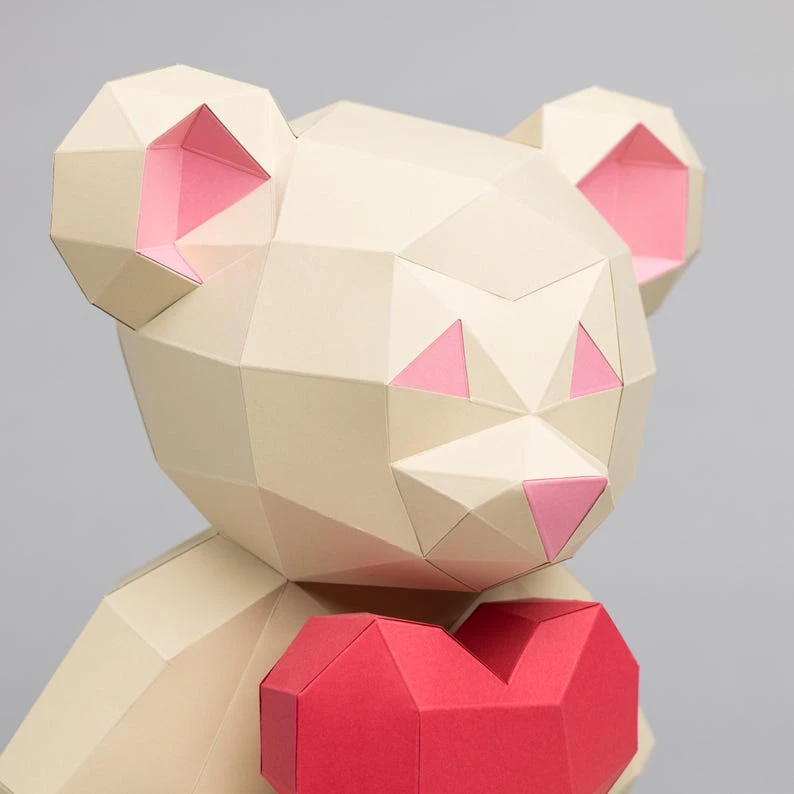 Bear Love teddy bear 3D papercraft. You get a PDF digital file templates and instruction for this DIY modern paper decoration.