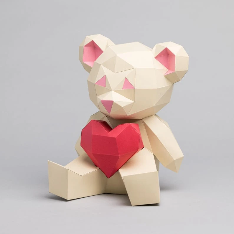 Bear Love teddy bear 3D papercraft. You get a PDF digital file templates and instruction for this DIY modern paper decoration.