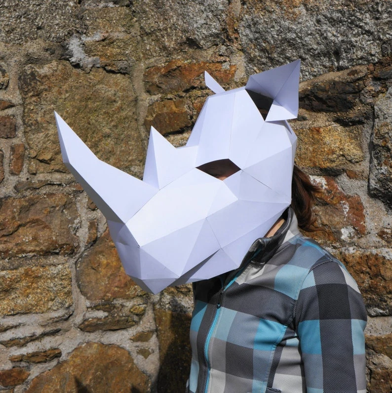 Rhino 3D Papercraft Mask Template, Low Poly Paper Mask, Unique DIY Halloween Costume, Animal Mask, PDF Pattern