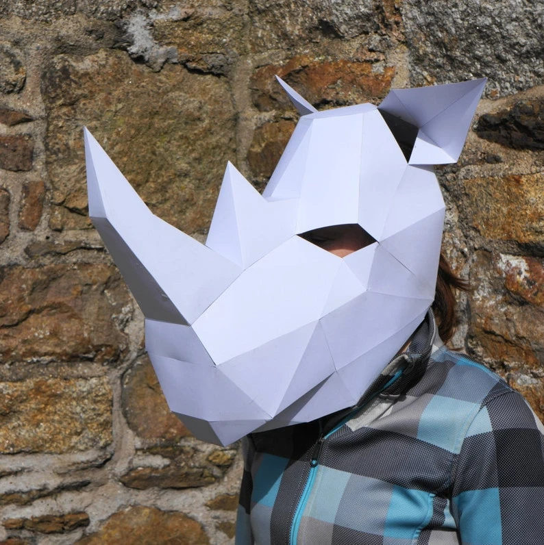 Rhino 3D Papercraft Mask Template, Low Poly Paper Mask, Unique DIY Halloween Costume, Animal Mask, PDF Pattern