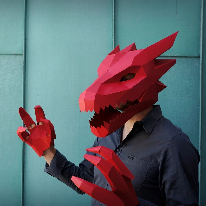 Dragon Papercraft Mask Template, 3D Low Poly Paper Mask, Unique Original DIY Halloween Costume, Targaryen Cosplay PDF Pattern