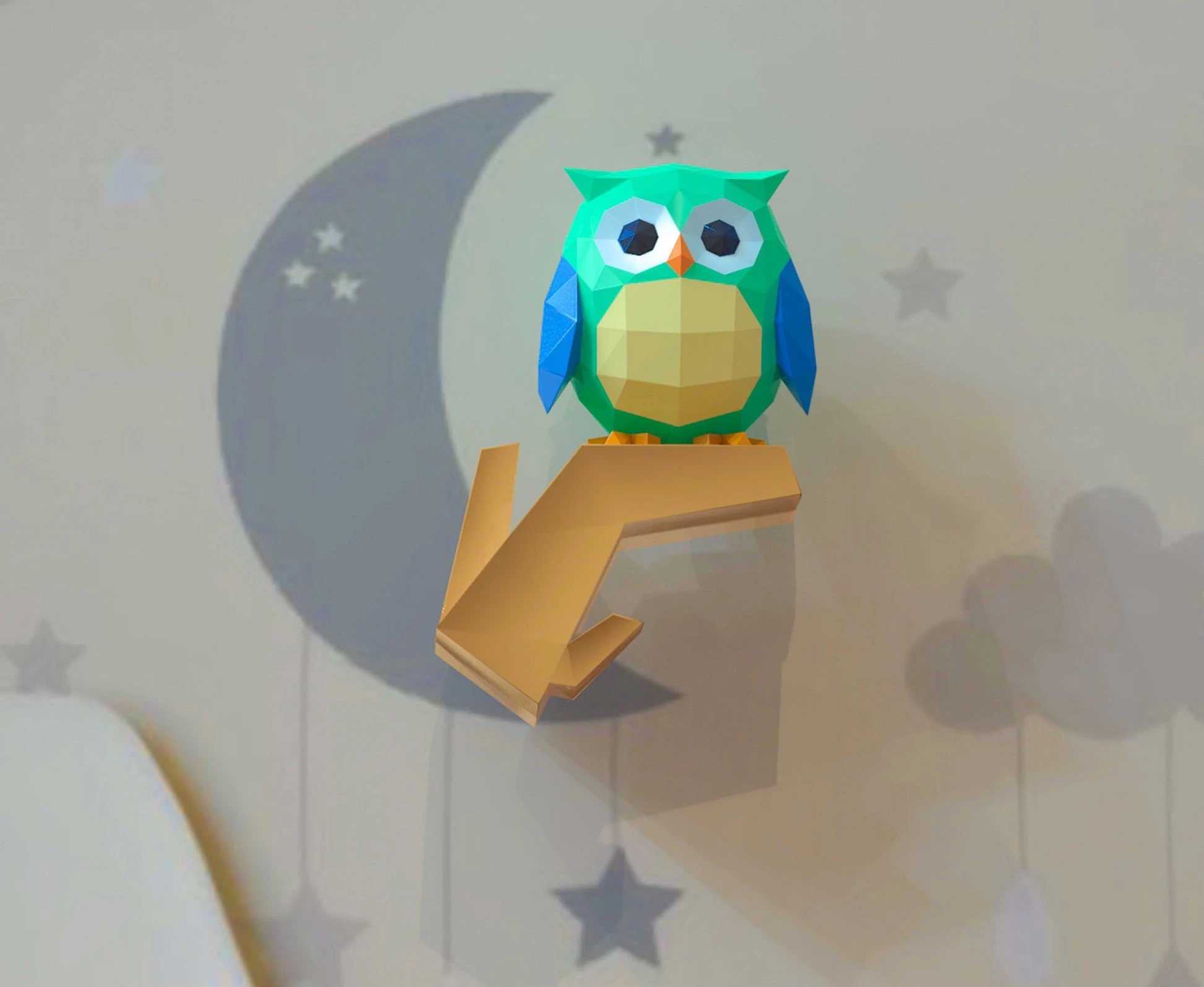 Owl on Branch Wall Decor Papercraft, Lowpoly, Lowpoly Papercraft