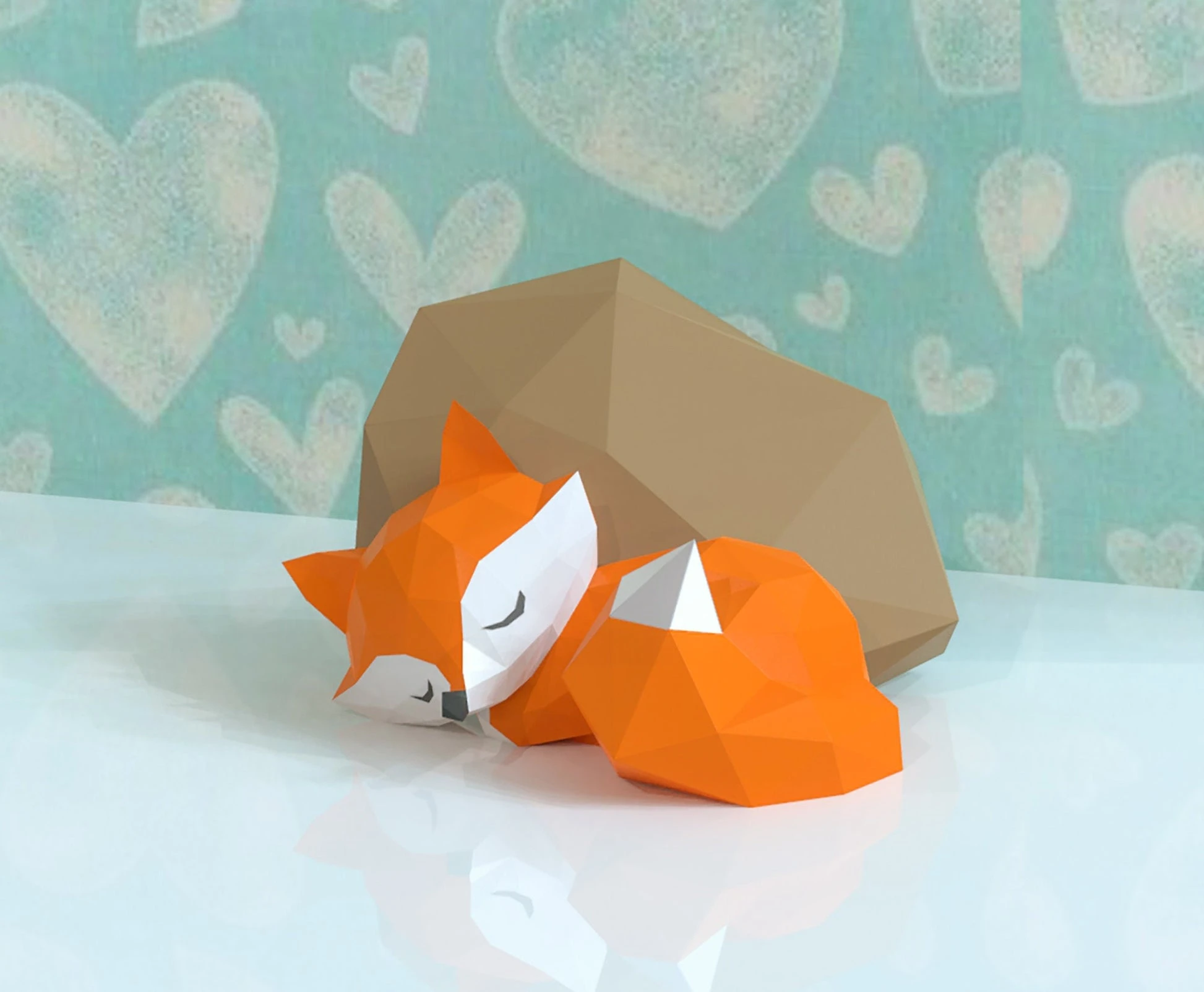 Fox Sleeping on Rock Papercraft, Lowpoly, Lowpoly Papercraft