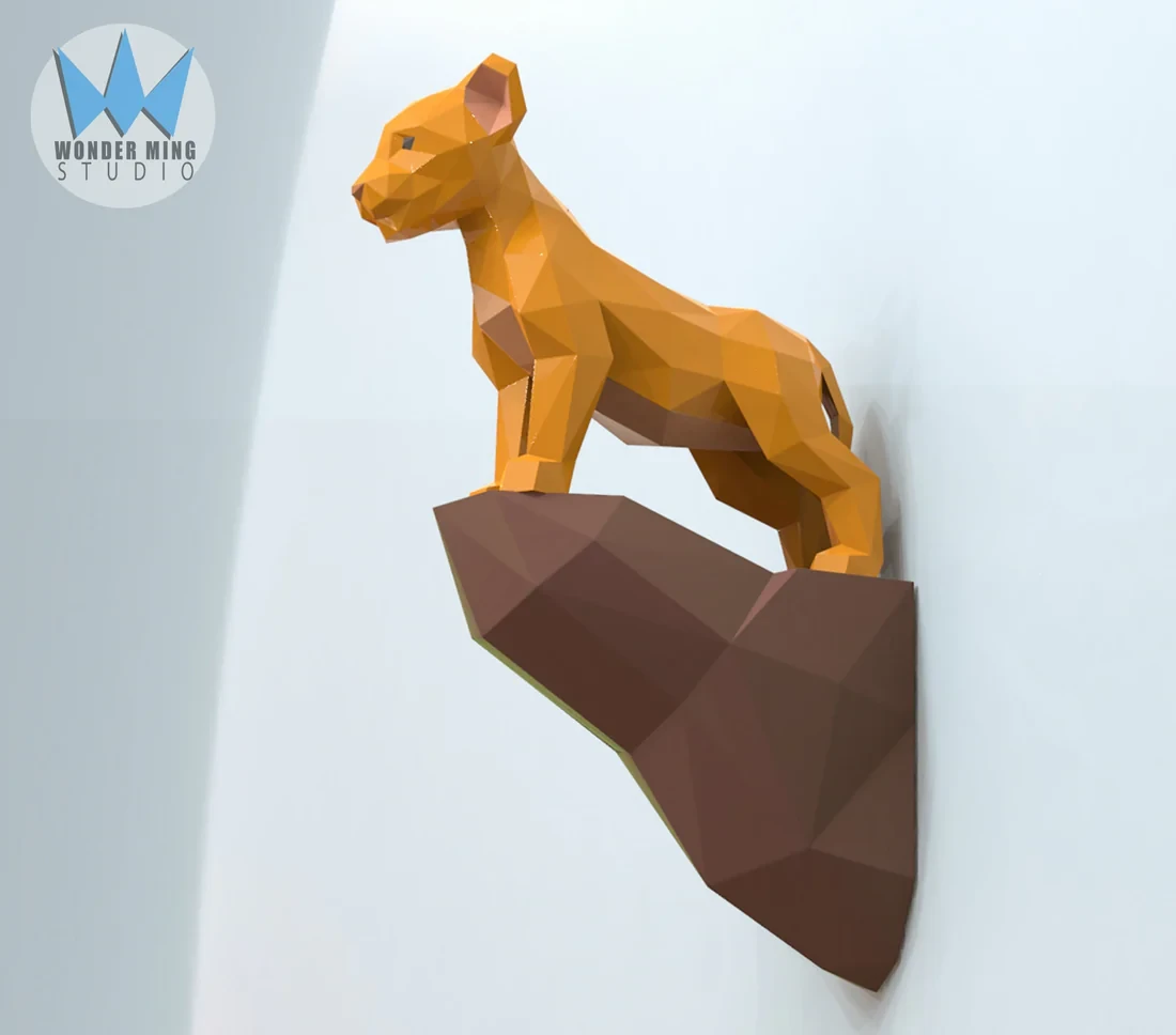 Simba Lion cub on rock Papercraft, Lowpoly, Lowpoly Papercraft