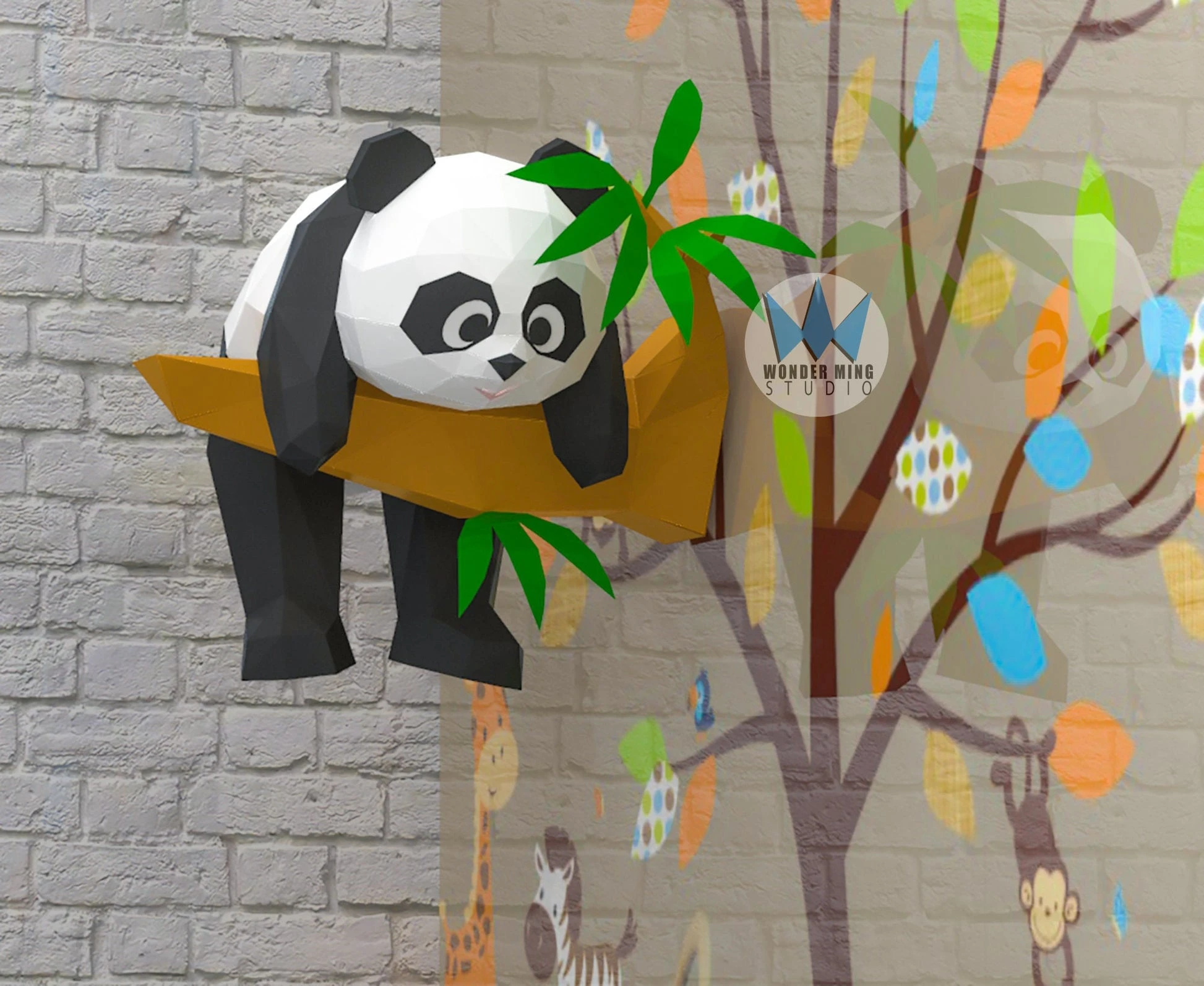 Panda On Tree Papercraft, Lowpoly, Lowpoly Papercraft