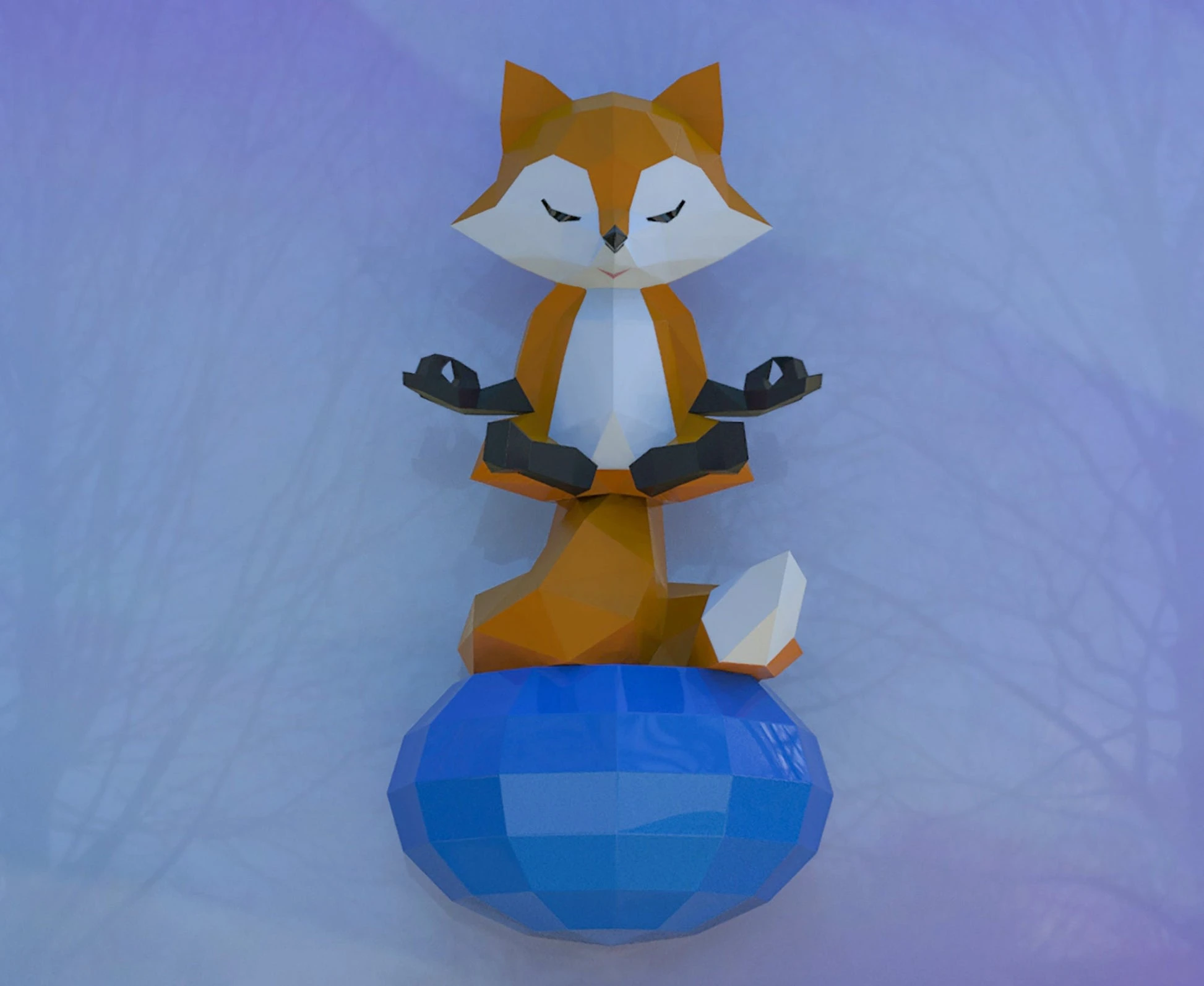 Meditation Fox Papercraft, Lowpoly, Lowpoly Papercraft