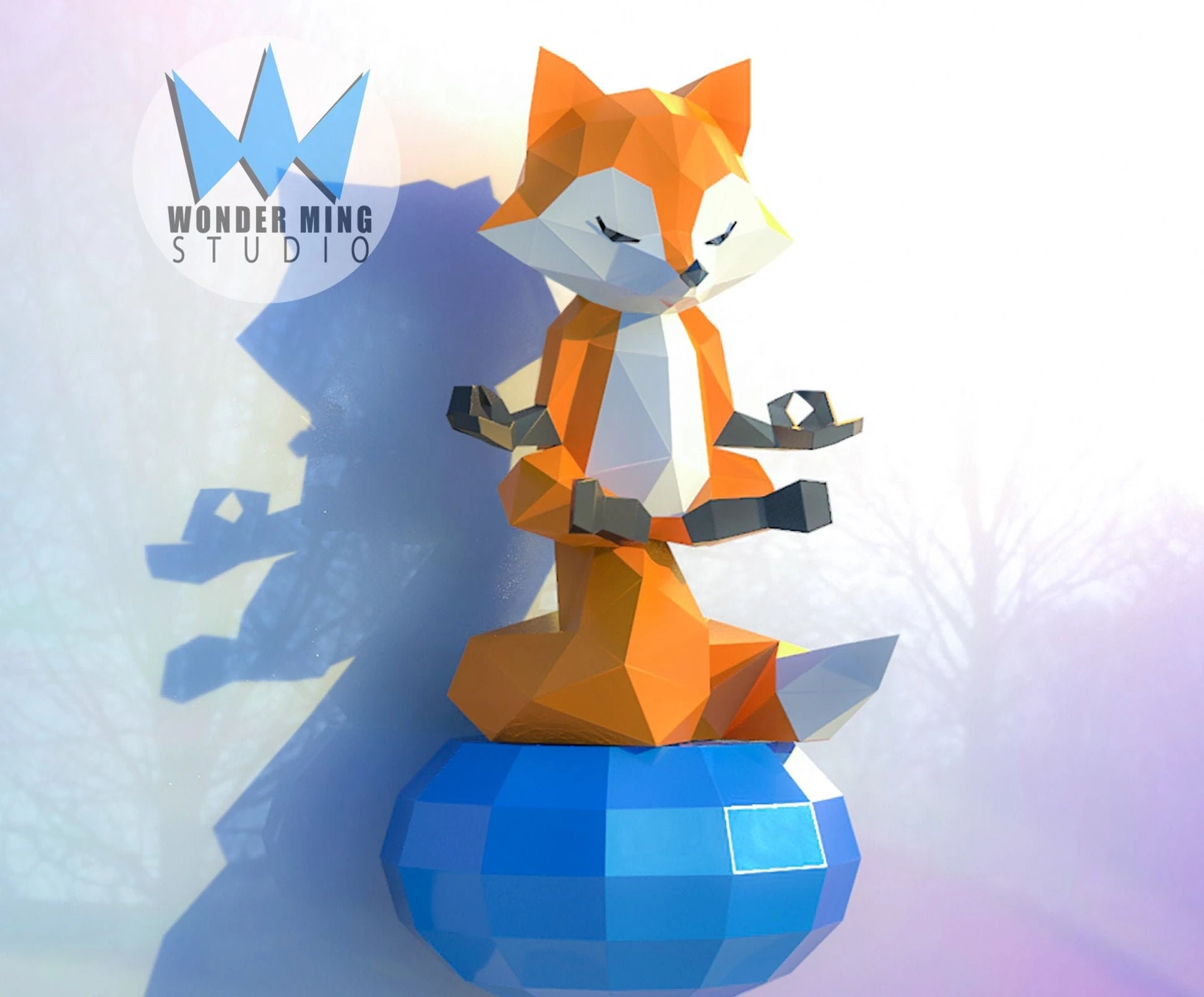 Meditation Fox Papercraft, Lowpoly, Lowpoly Papercraft