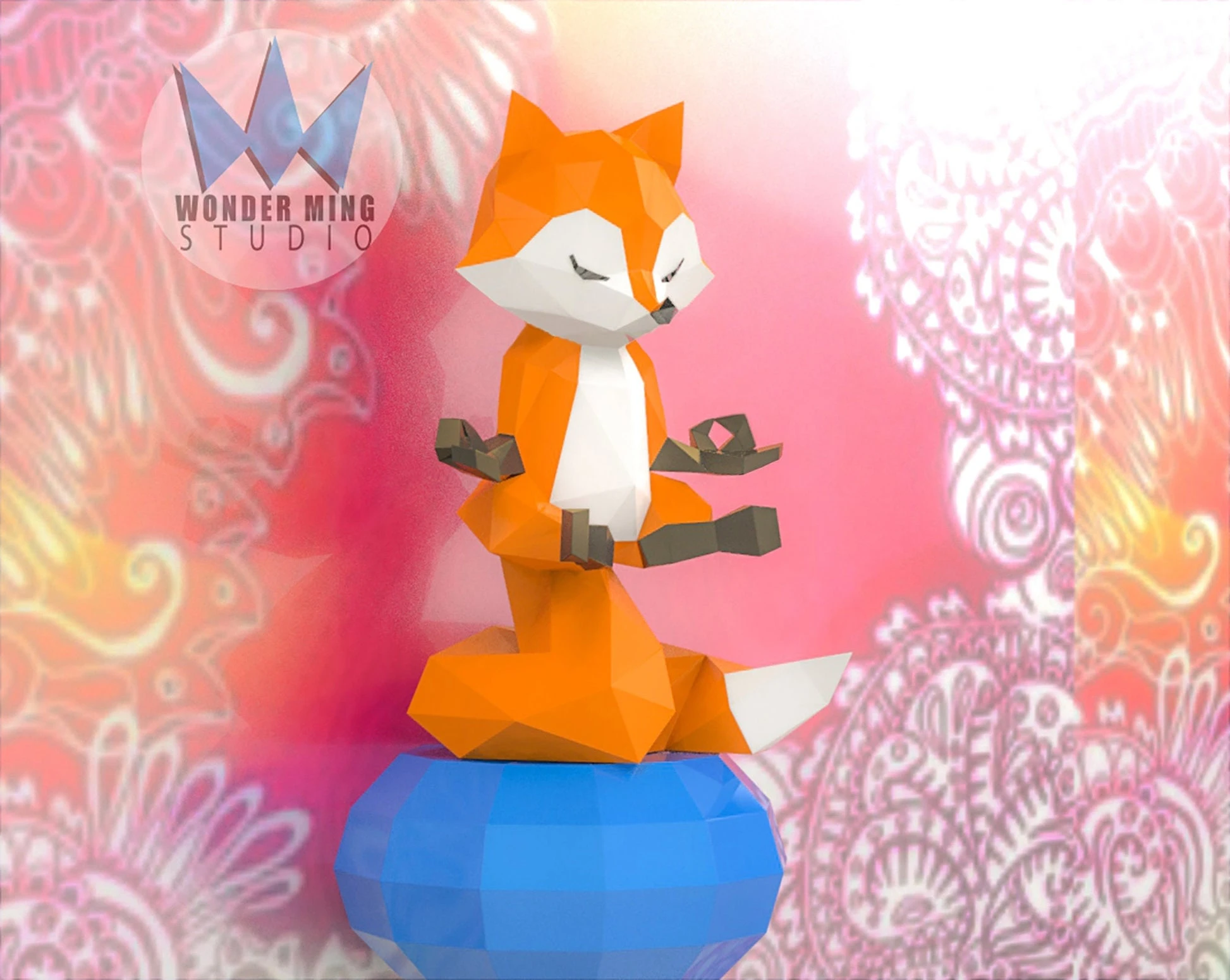 Meditation Fox Papercraft, Lowpoly, Lowpoly Papercraft