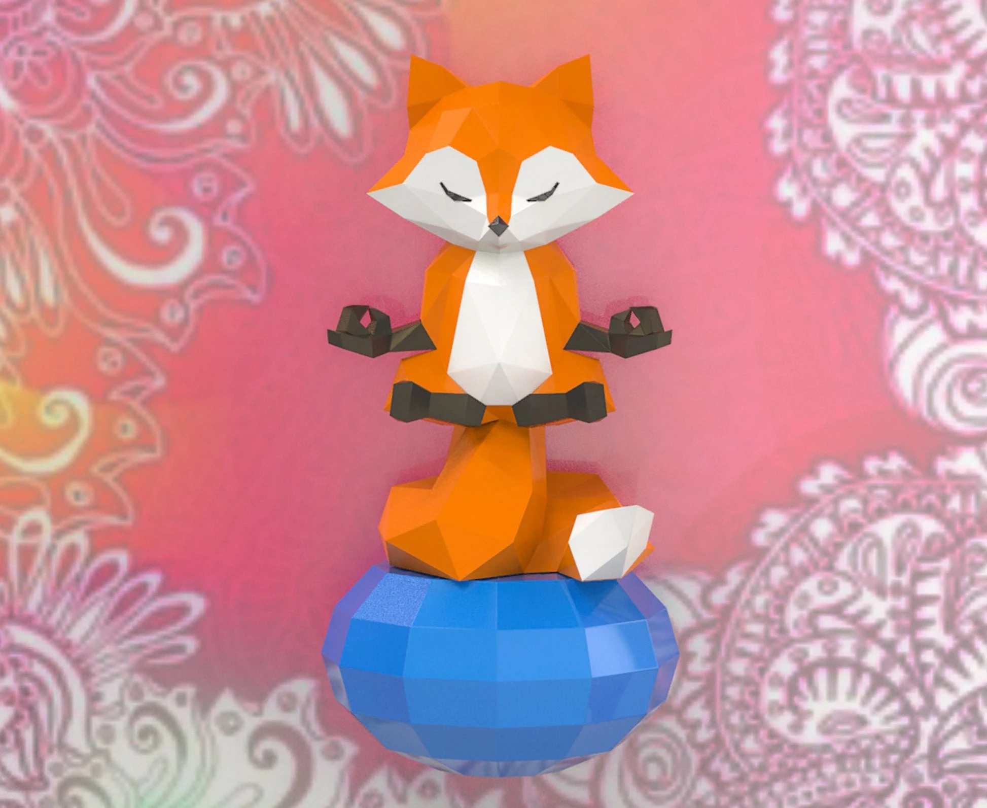 Meditation Fox Papercraft, Lowpoly, Lowpoly Papercraft