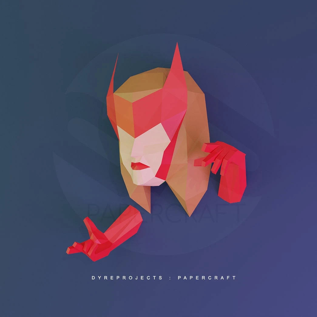 DIY lowpoly Papercraft, Scarlet Witch, Wanda Maximoff, Sculpture, DIY, Decoration, Wall, Origami, Art, Craft, Template, Printable, Superheroes, Fanart