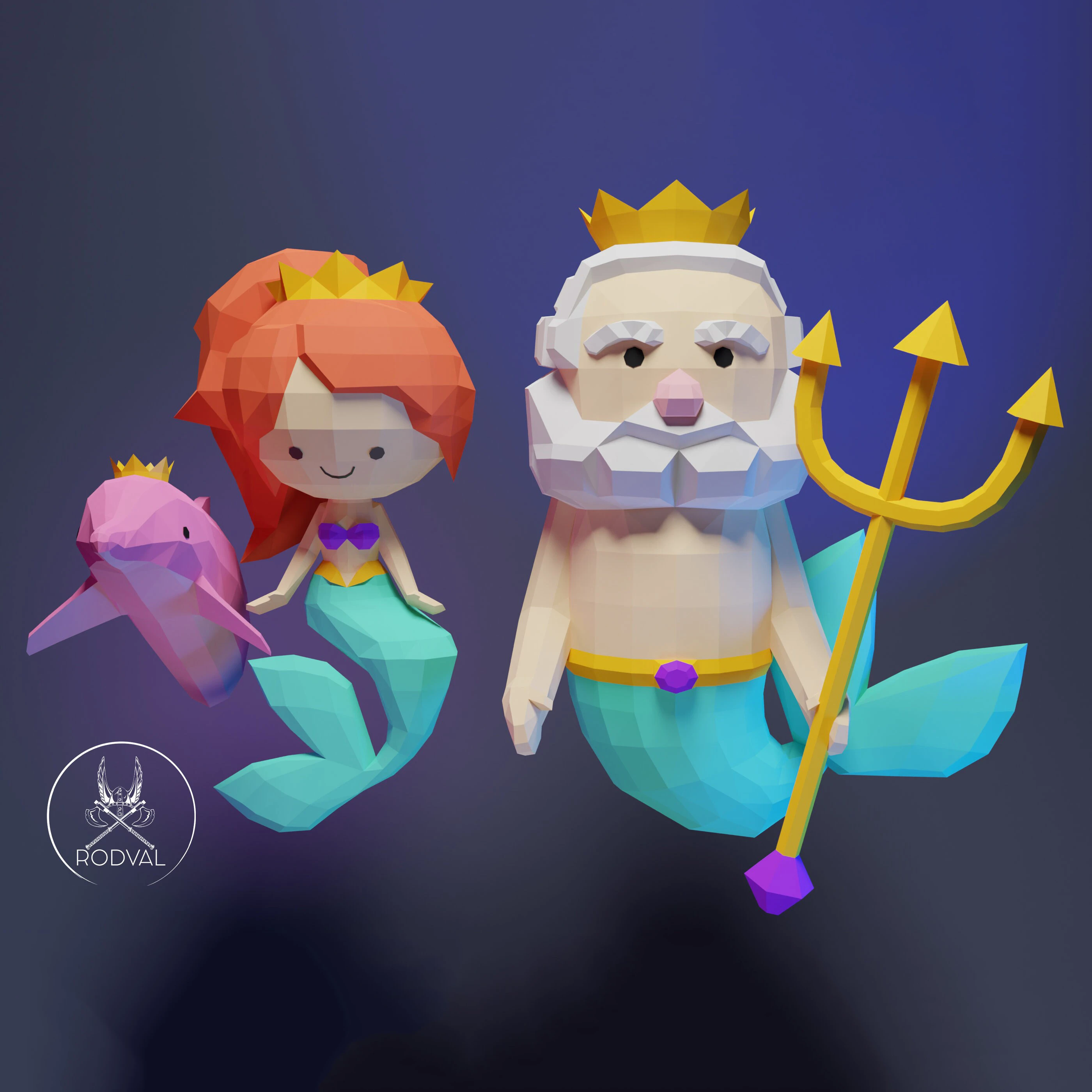 Little MERMAID + King TRITON + DOLPHIN, Papercraft, Template, DIY, Paper, Low Poly, Cute, Kawaii, 3D Model, Pdf Low Poply, Kids Toy