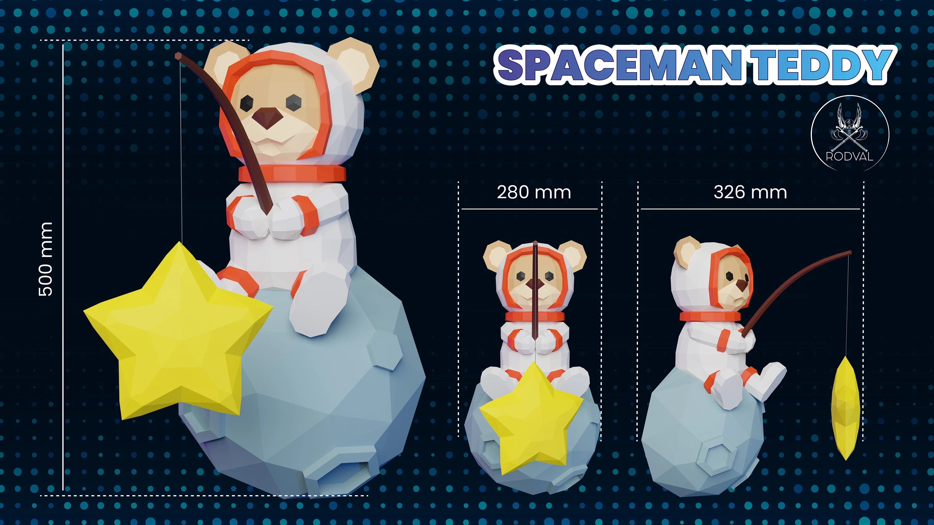 SPACEMAN TEDDY FISHING, bear, Papercraft, Template, DIY, Paper, Low Poly, Space, 3D Model, Pdf Low Poply, Kids Toy