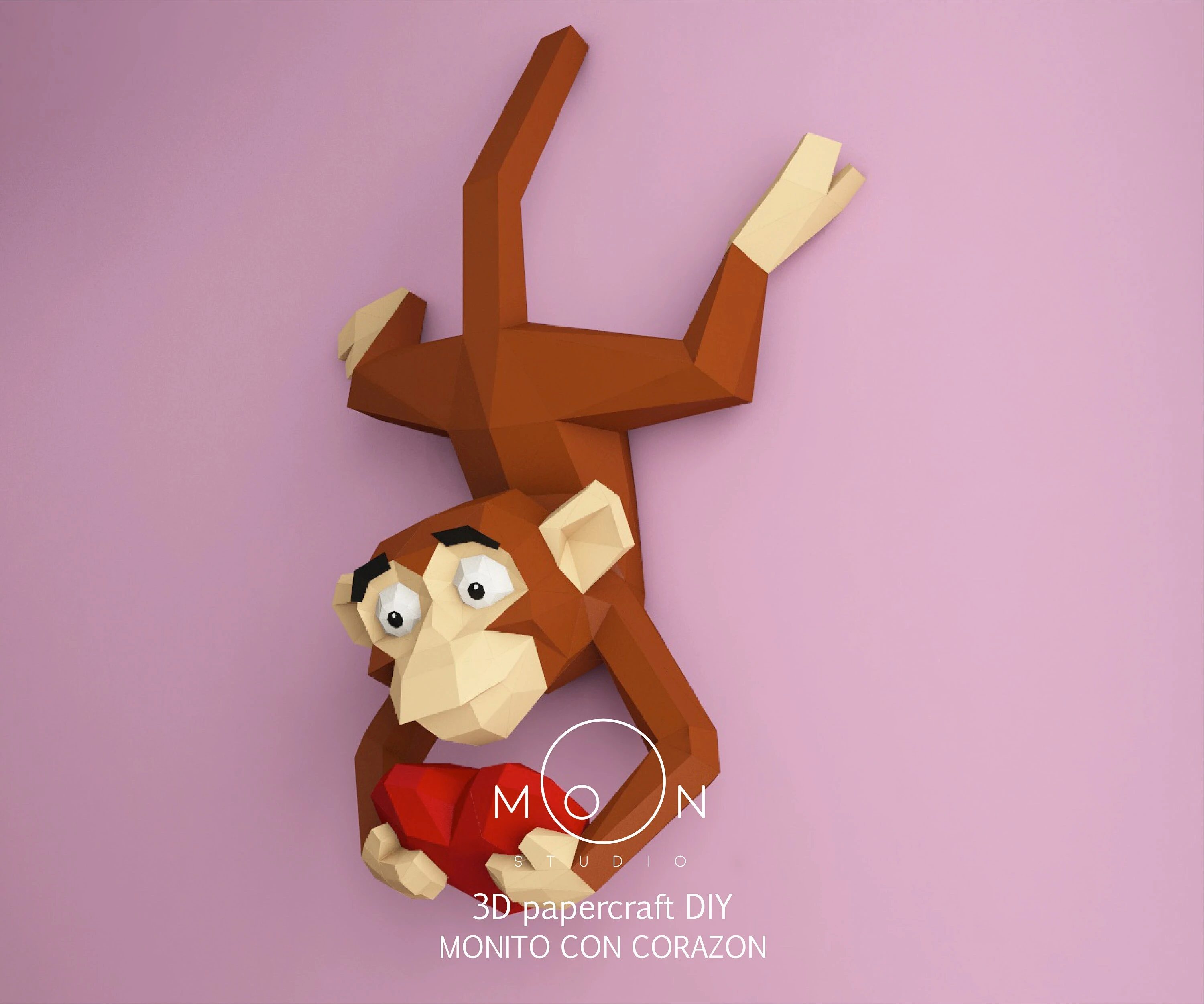 Monkey with heart, Monito con corazon, DIY, Papercraft, PDF, Low Poly, Cricut, Maker, Cameo, Paper, baby, Amor, Moon Studio, Room decor