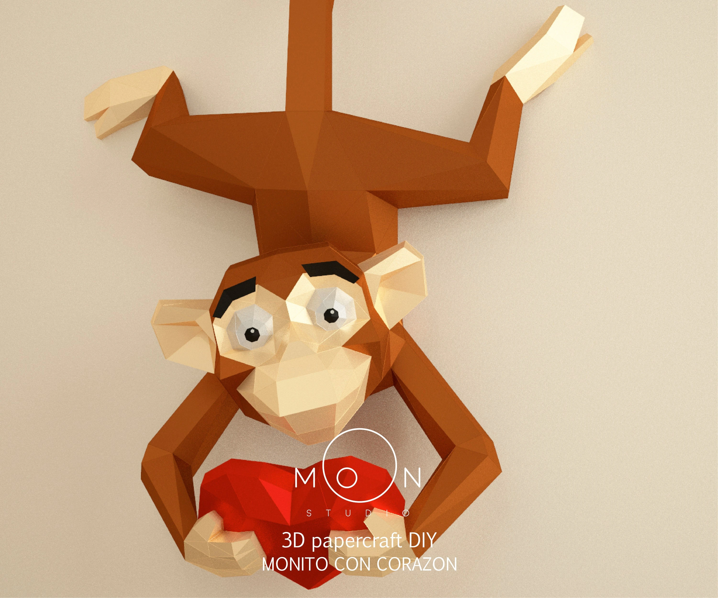 Monkey with heart, Monito con corazon, DIY, Papercraft, PDF, Low Poly, Cricut, Maker, Cameo, Paper, baby, Amor, Moon Studio, Room decor