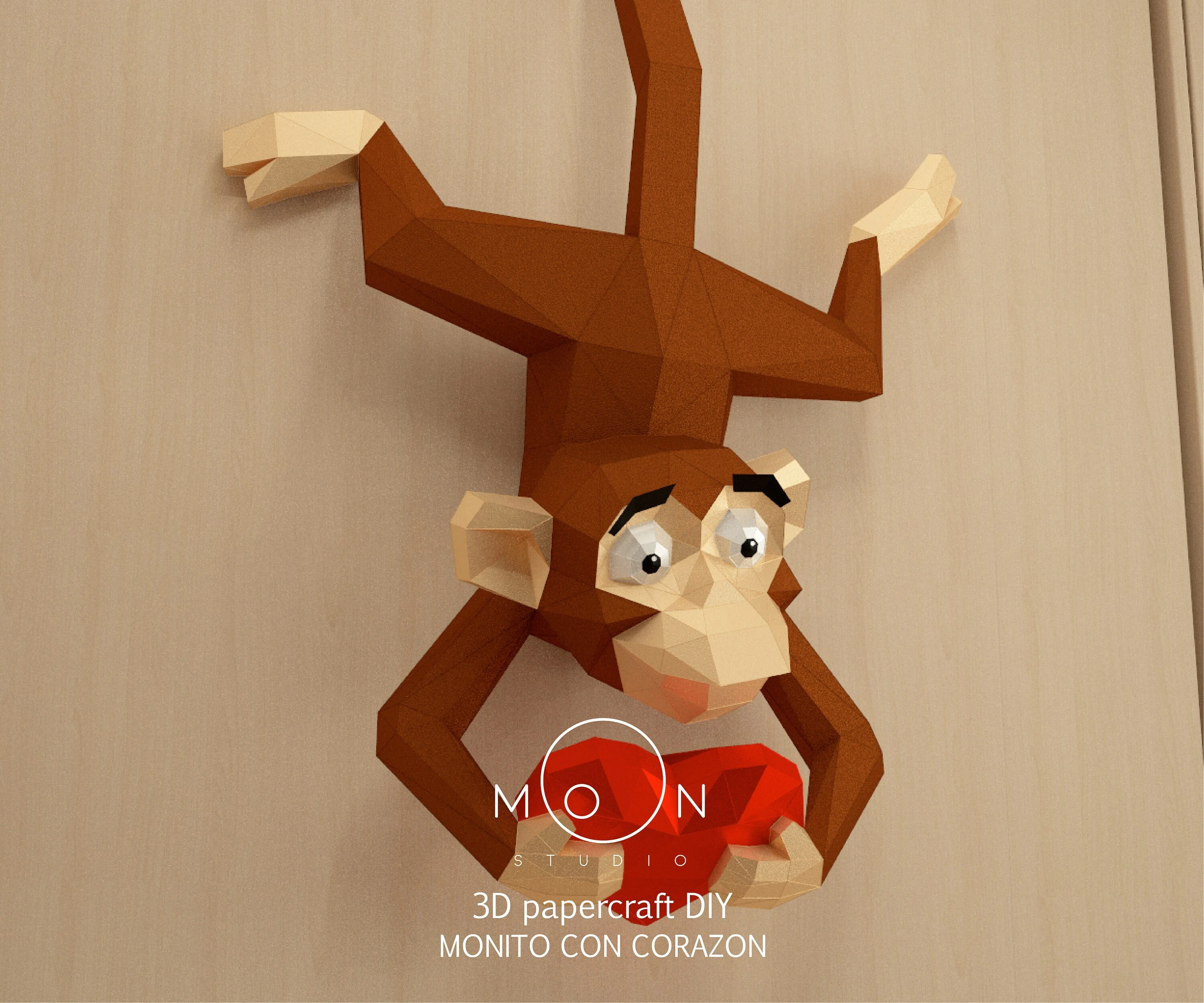 Monkey with heart, Monito con corazon, DIY, Papercraft, PDF, Low Poly, Cricut, Maker, Cameo, Paper, baby, Amor, Moon Studio, Room decor