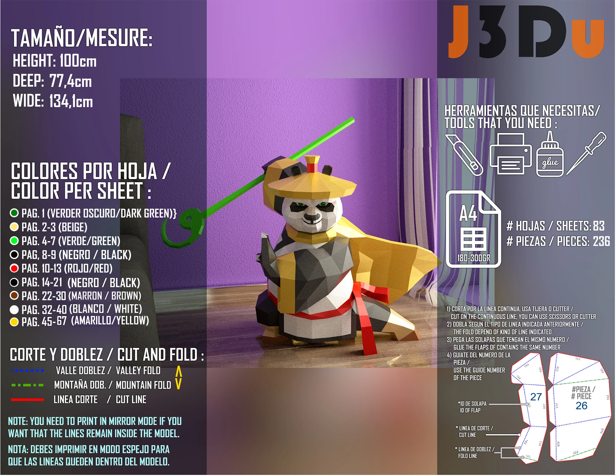 Kung Fu Panda Master Suit Papercraft PDF, Template For office, Room, Decor, DIY gift for friends, family, Low poly Paper, Paper Craft 3D kit by J3Du