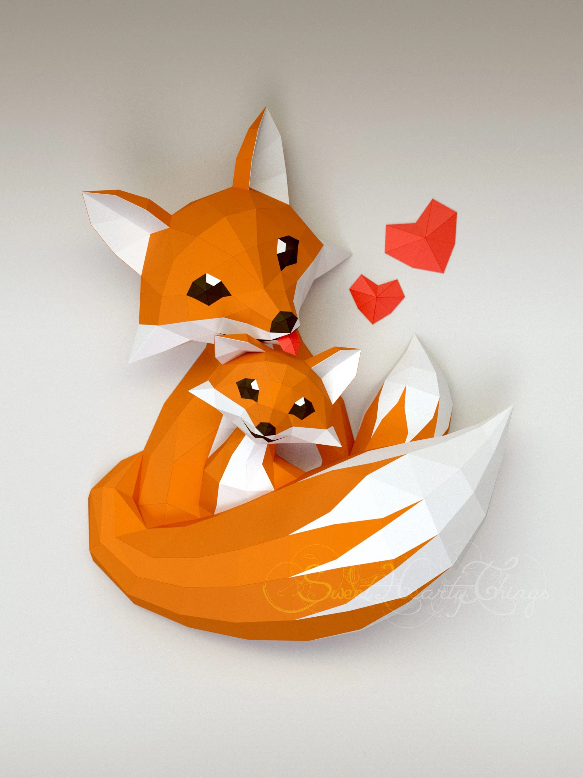 DIY 3d papercraft Little Fox and Mommy PDF Templates Low Poly SweetHeartyThings