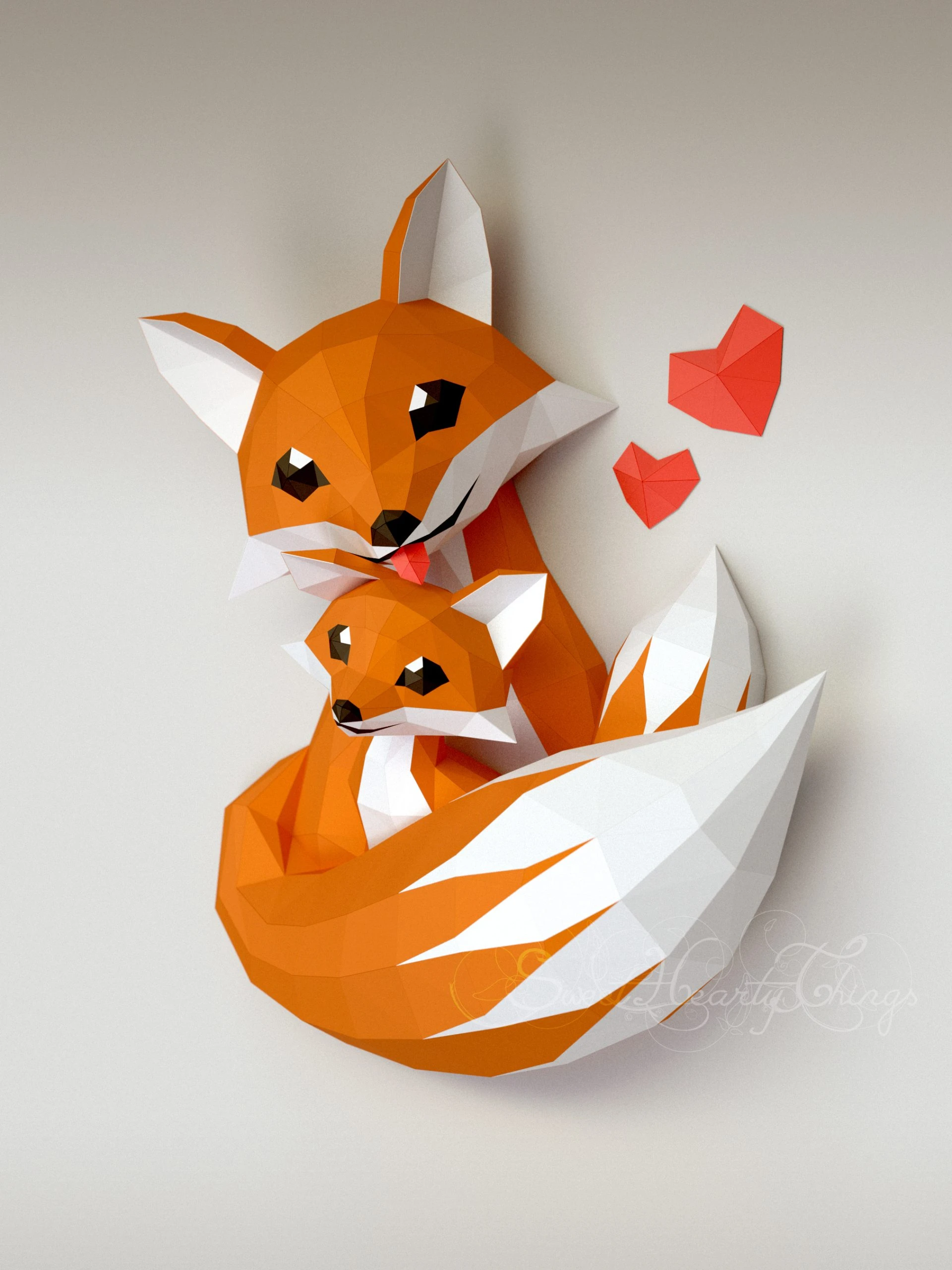 DIY 3d papercraft Little Fox and Mommy PDF Templates Low Poly SweetHeartyThings