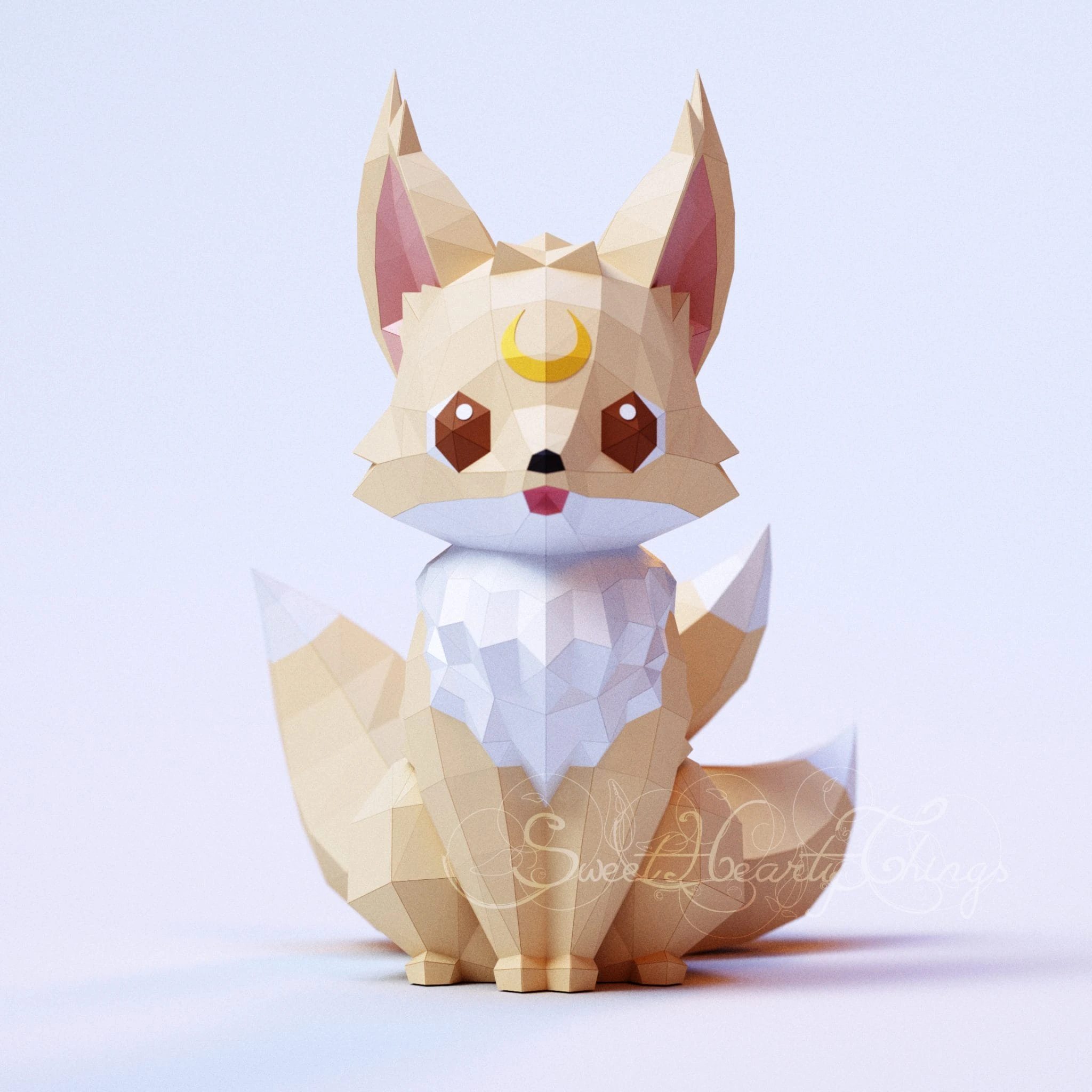 DIY 3d papercraft Little Fox Kitsune Moon PDF Templates Low Poly SweetHeartyThings