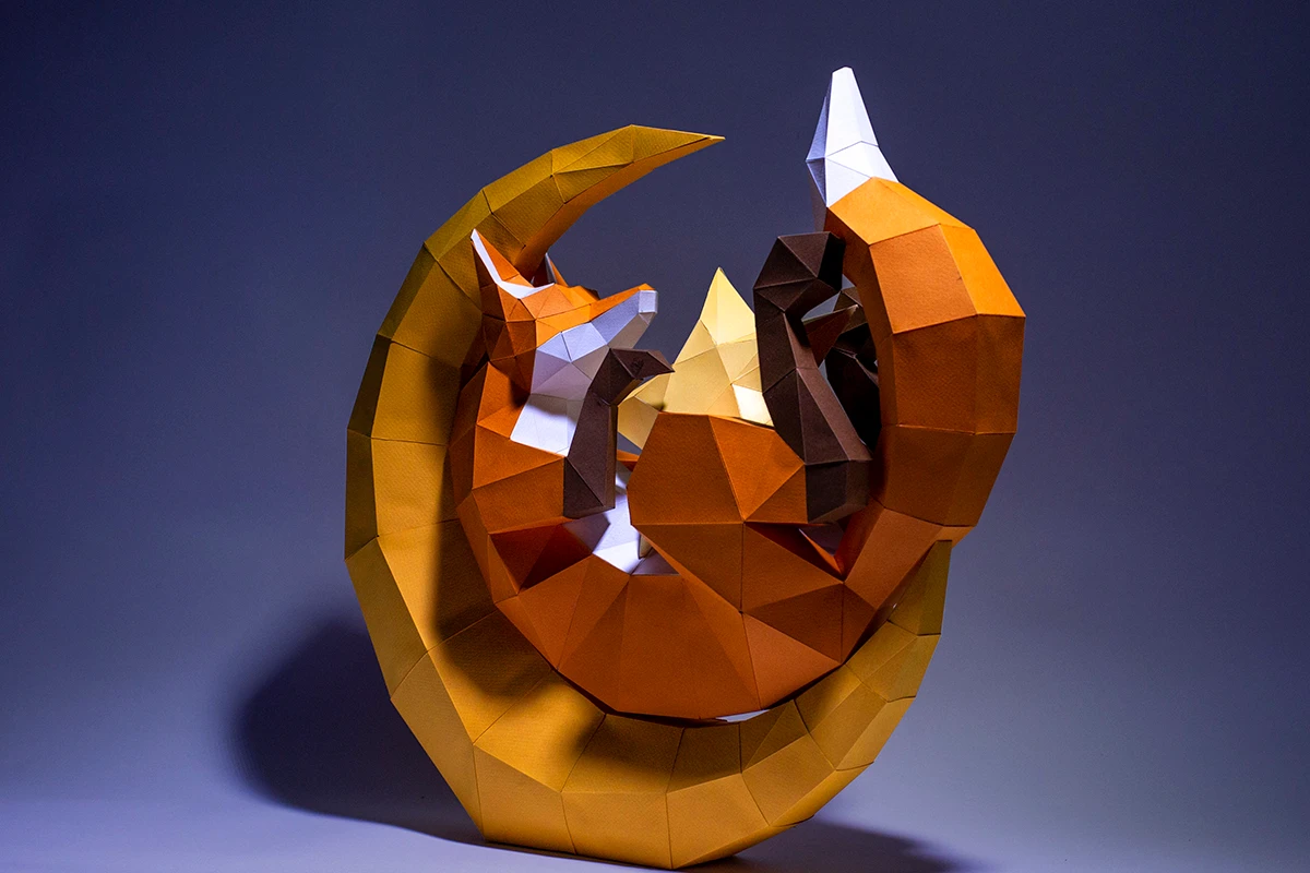 Moon Fox Sleeping Paper Craft, Digital Template, Origami, PDF Download DIY, Low Poly, Trophy, Sculpture, Moon Fox Sleeping Model