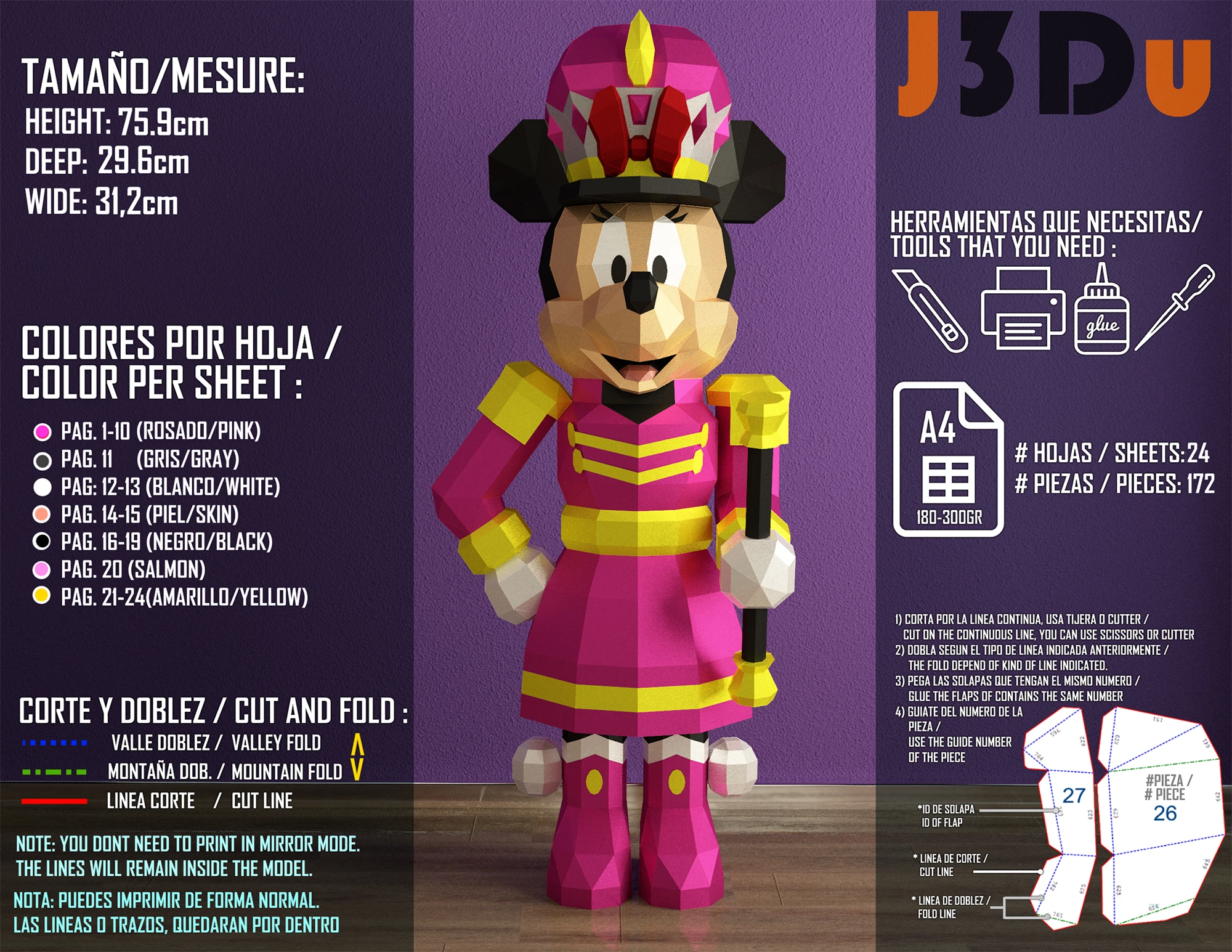 Minnie Nutcracker Papercraft PDF, Template For office, Room, Decor, DIY gift for friends, family, Low poly Paper, Paper Craft 3D kit by J3Du