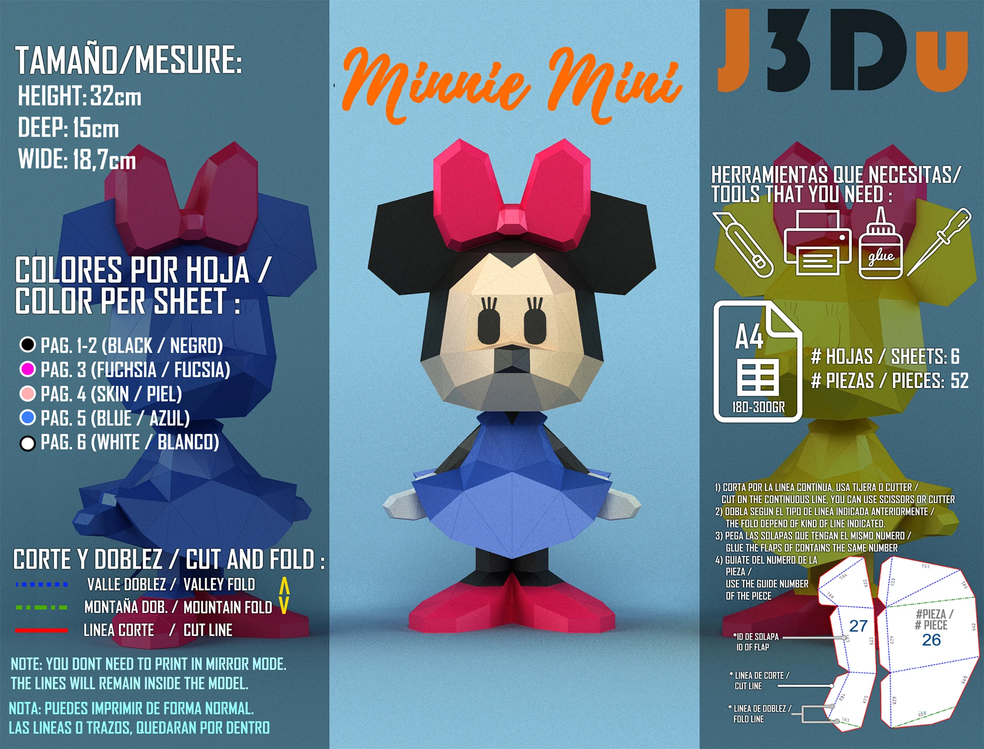 Minnie Mouse Tiny Papercraft PDF, Template For office, Room, Decor, DIY gift for friends, family, Low poly Paper, Paper Craft 3D kit by J3Du