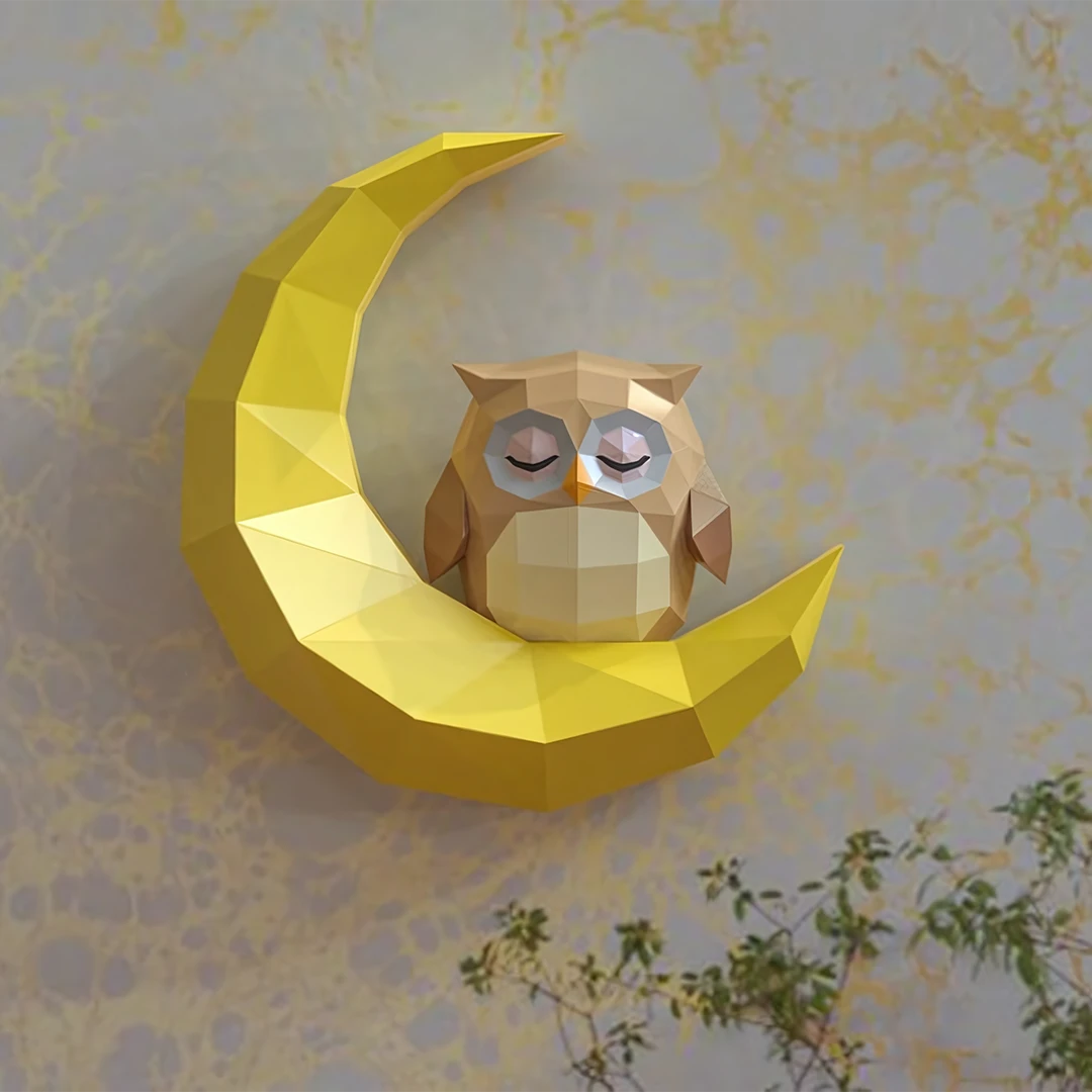 Owl on Moon Papercraft, Lowpoly, Lowpoly Papercraft