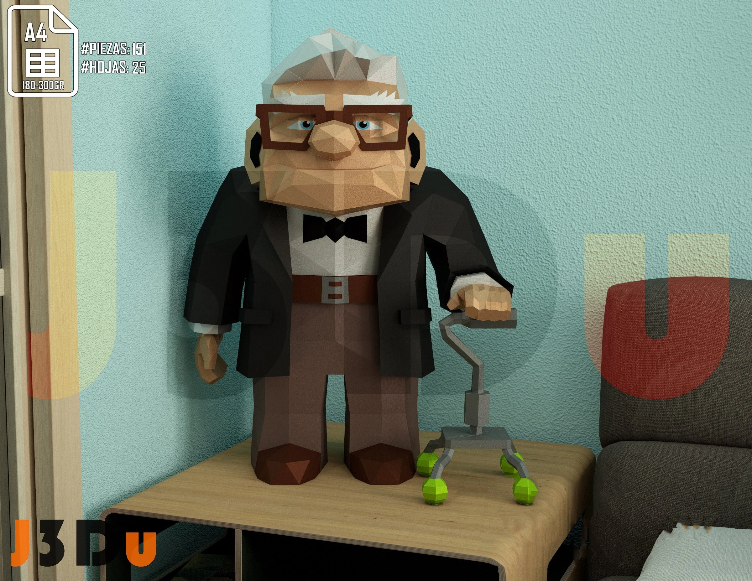 Carl Fredricksen, Up Movie Papercraft PDF, Template For office, Room, Decor, DIY gift for friends, family, Low poly Paper, Paper Craft 3D kit by J3Du