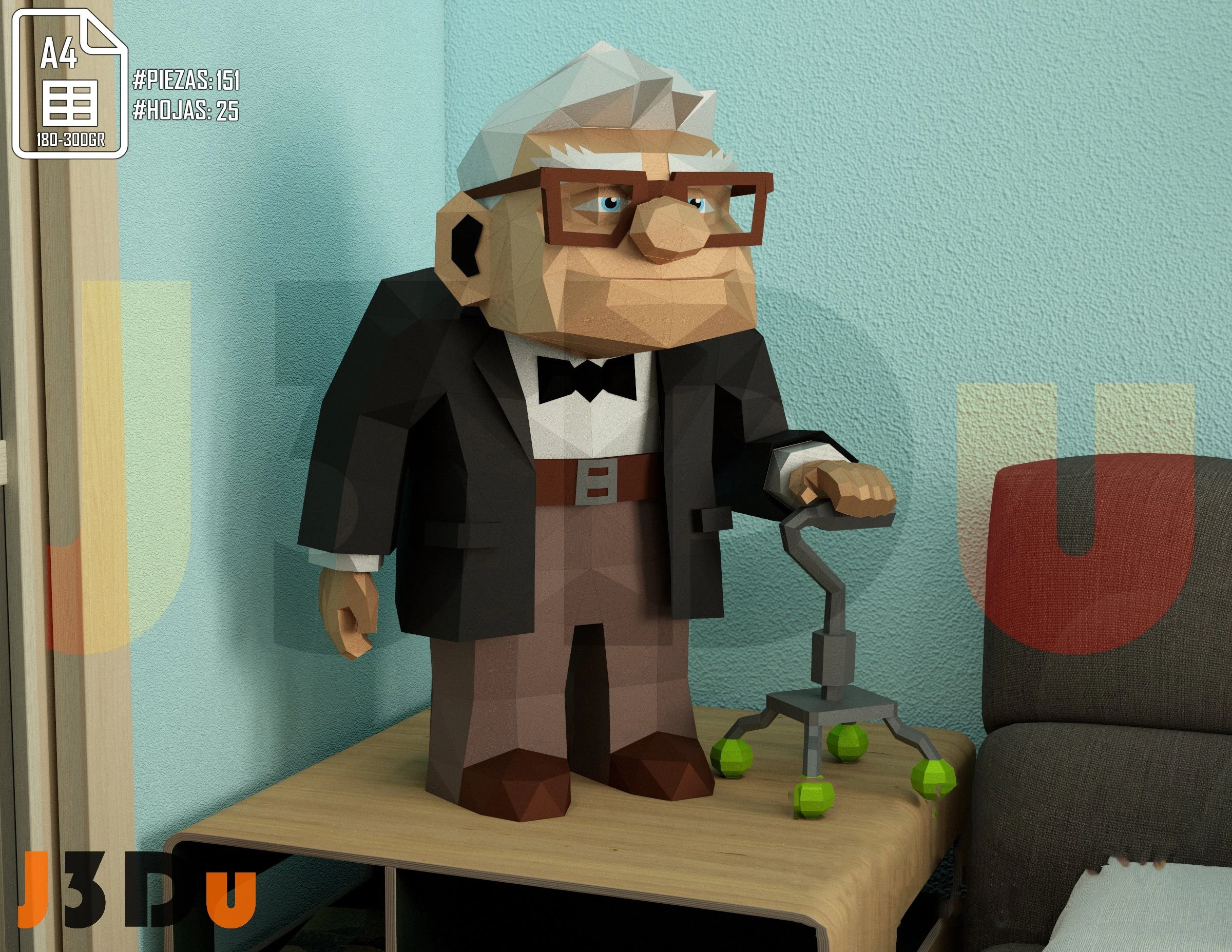 Carl Fredricksen, Up Movie Papercraft PDF, Template For office, Room, Decor, DIY gift for friends, family, Low poly Paper, Paper Craft 3D kit by J3Du