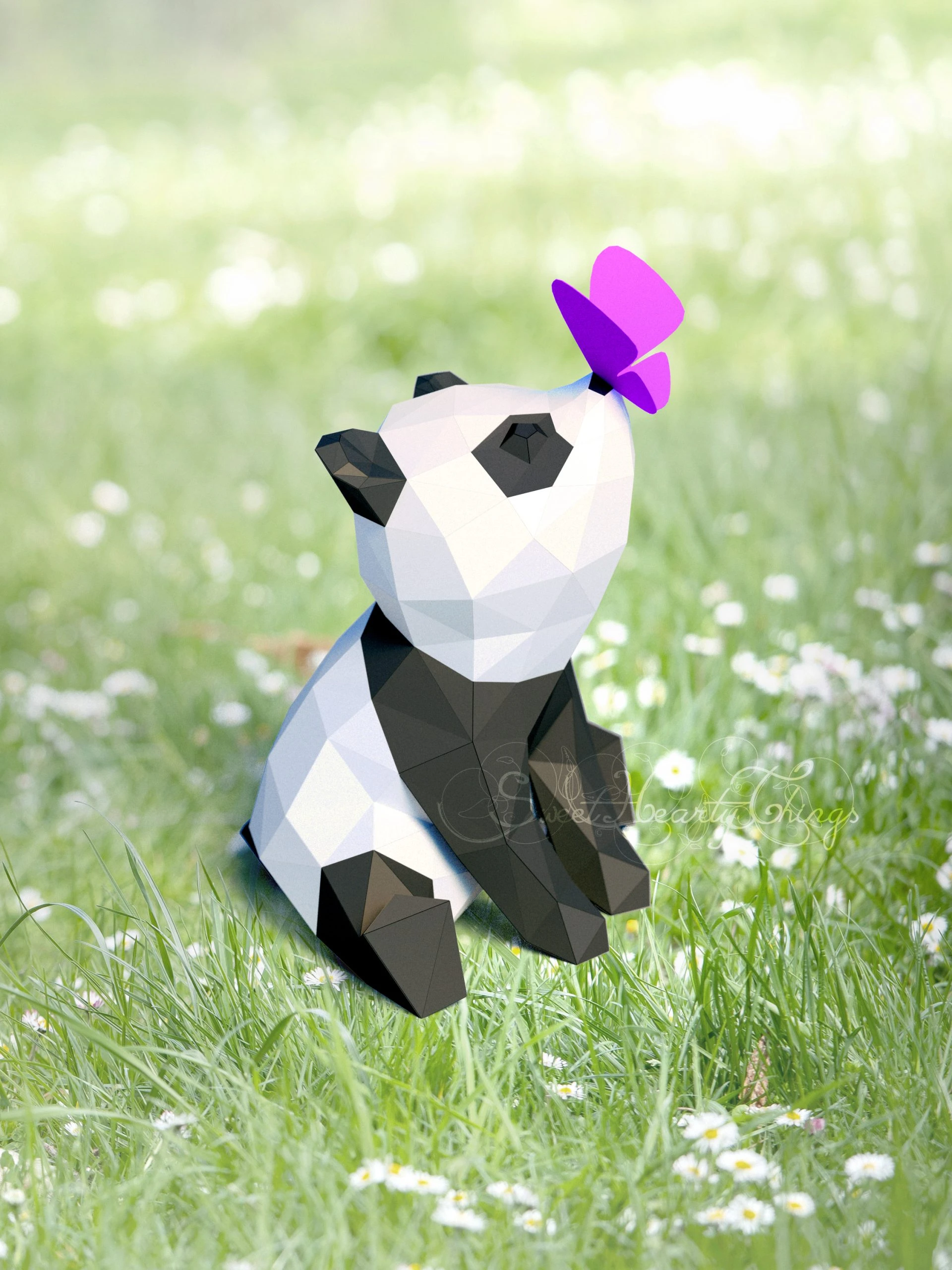 DIY 3d papercraft Panda With a Butterfly PDF Templates Low Poly SweetHeartyThings