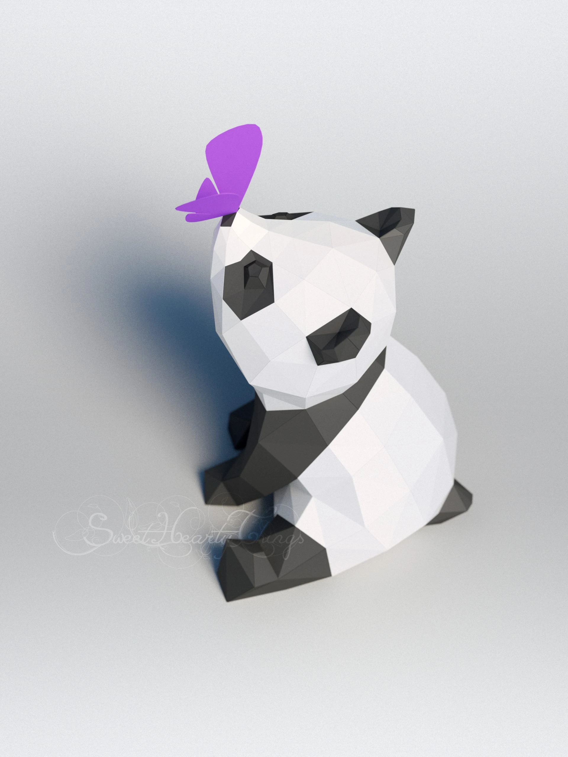 DIY 3d papercraft Panda With a Butterfly PDF Templates Low Poly SweetHeartyThings