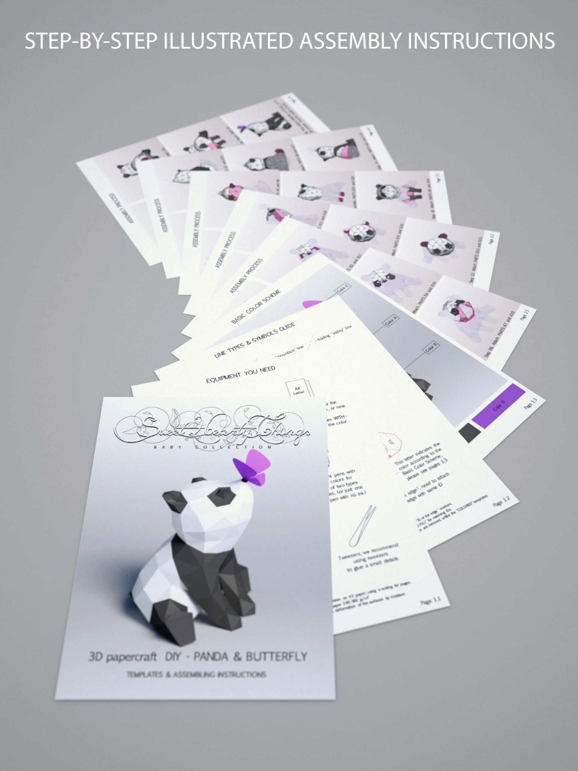 DIY 3d papercraft Panda With a Butterfly PDF Templates Low Poly SweetHeartyThings