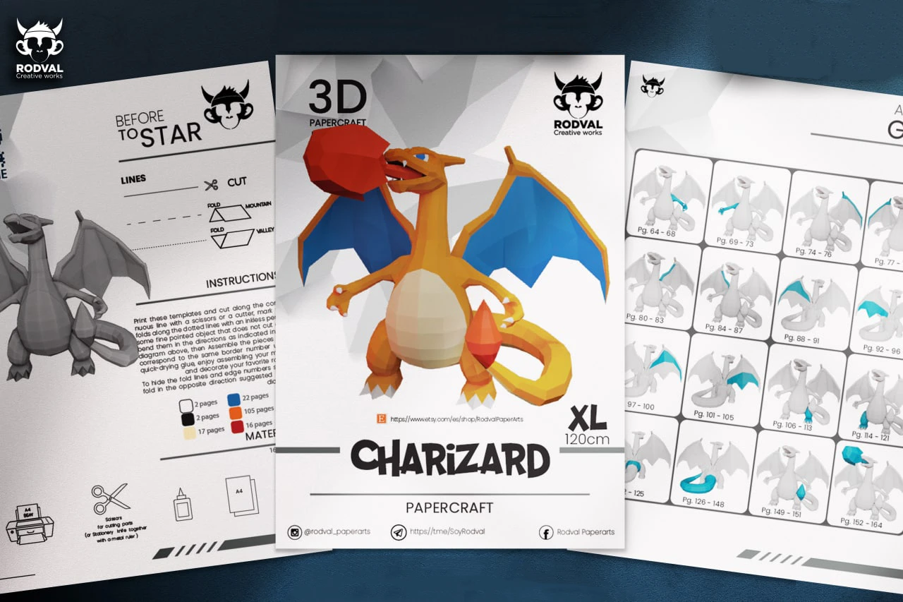 CHARIZARD XL, Papercraft, Template, DIY, Paper, Low Poly, Pokemon, 3D Model, Pdf Low Poply