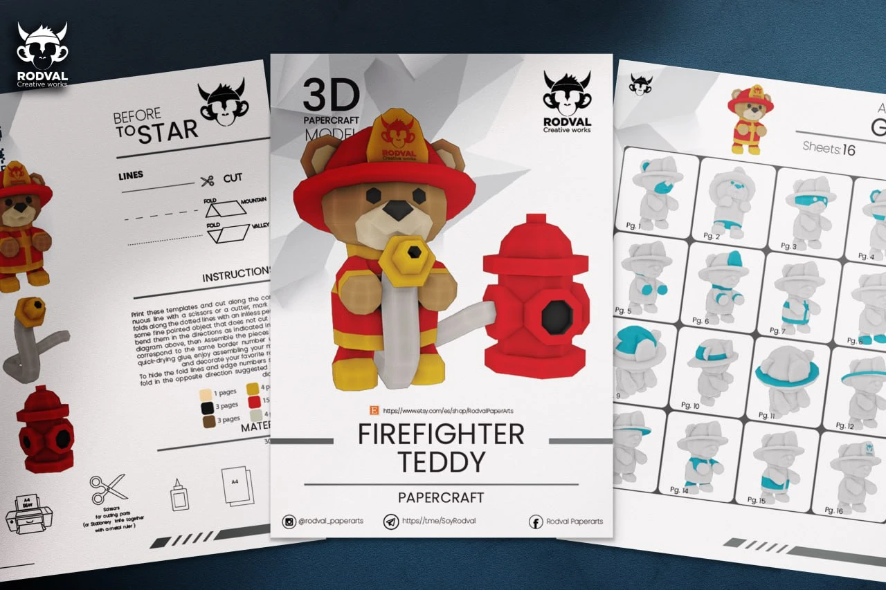 FIREFIGHTER TEDDY, bear, Papercraft, Template, DIY, Paper, Low Poly, Festival, 3D Model, Pdf Low Poply, Kids Toy