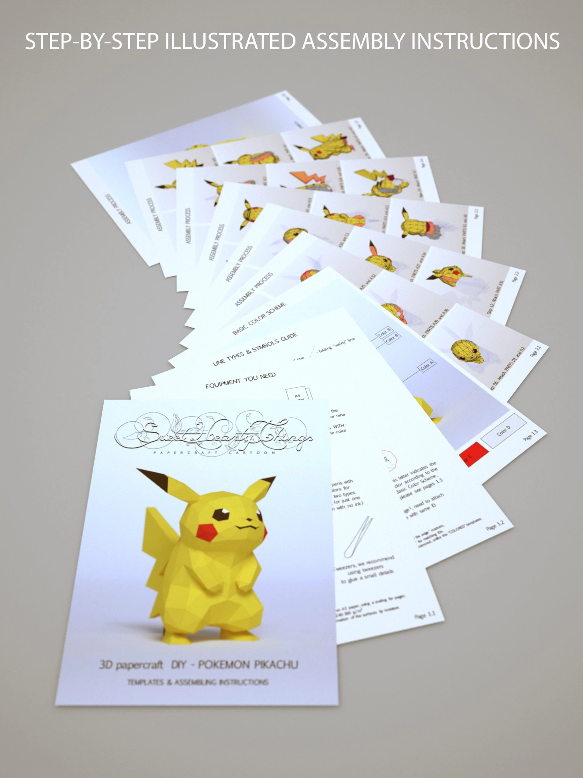 DIY 3d papercraft Pokemon Pikachu PDF Templates Low Poly SweetHeartyThings