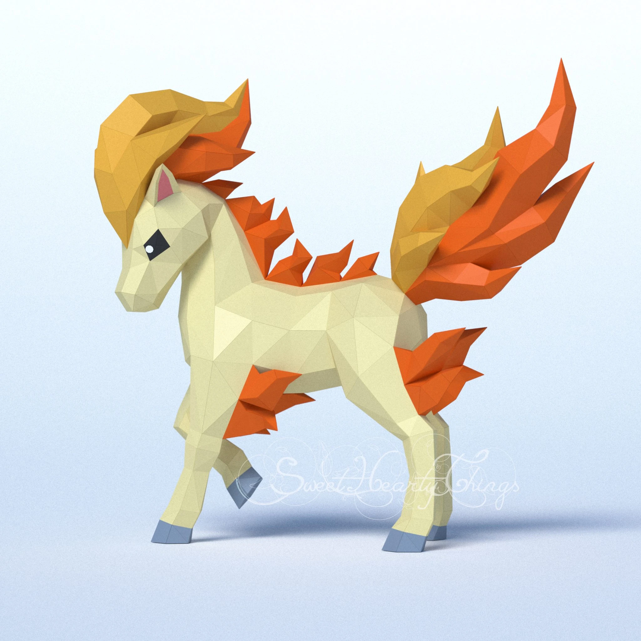 DIY 3d papercraft Pokemon Ponyta PDF Templates Low Poly SweetHeartyThings