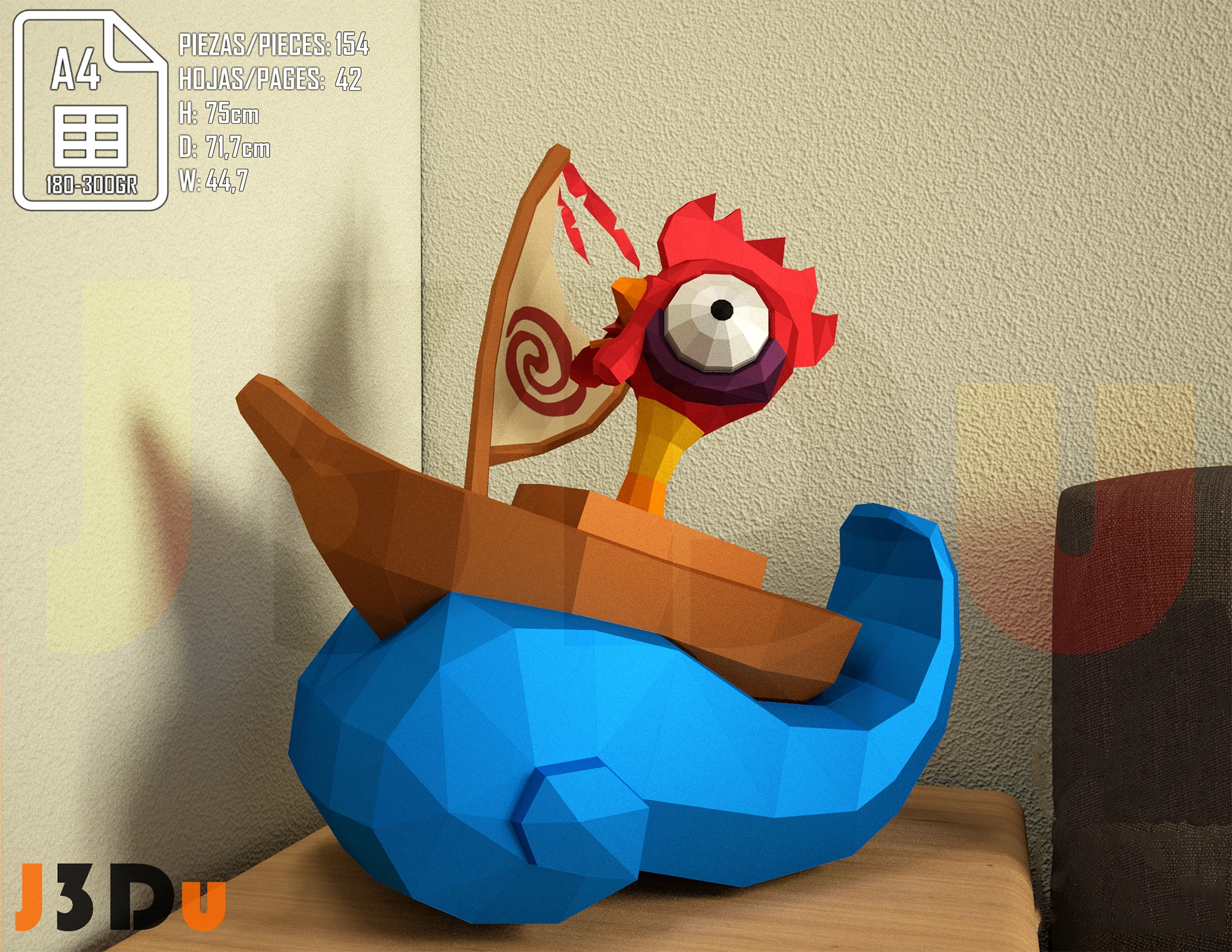 Hei Hei Rooster, Moana, Papercraft PDF, Template For office, Room, Decor, DIY gift for friends, family, Low poly Paper, Paper Craft 3D kit by J3Du