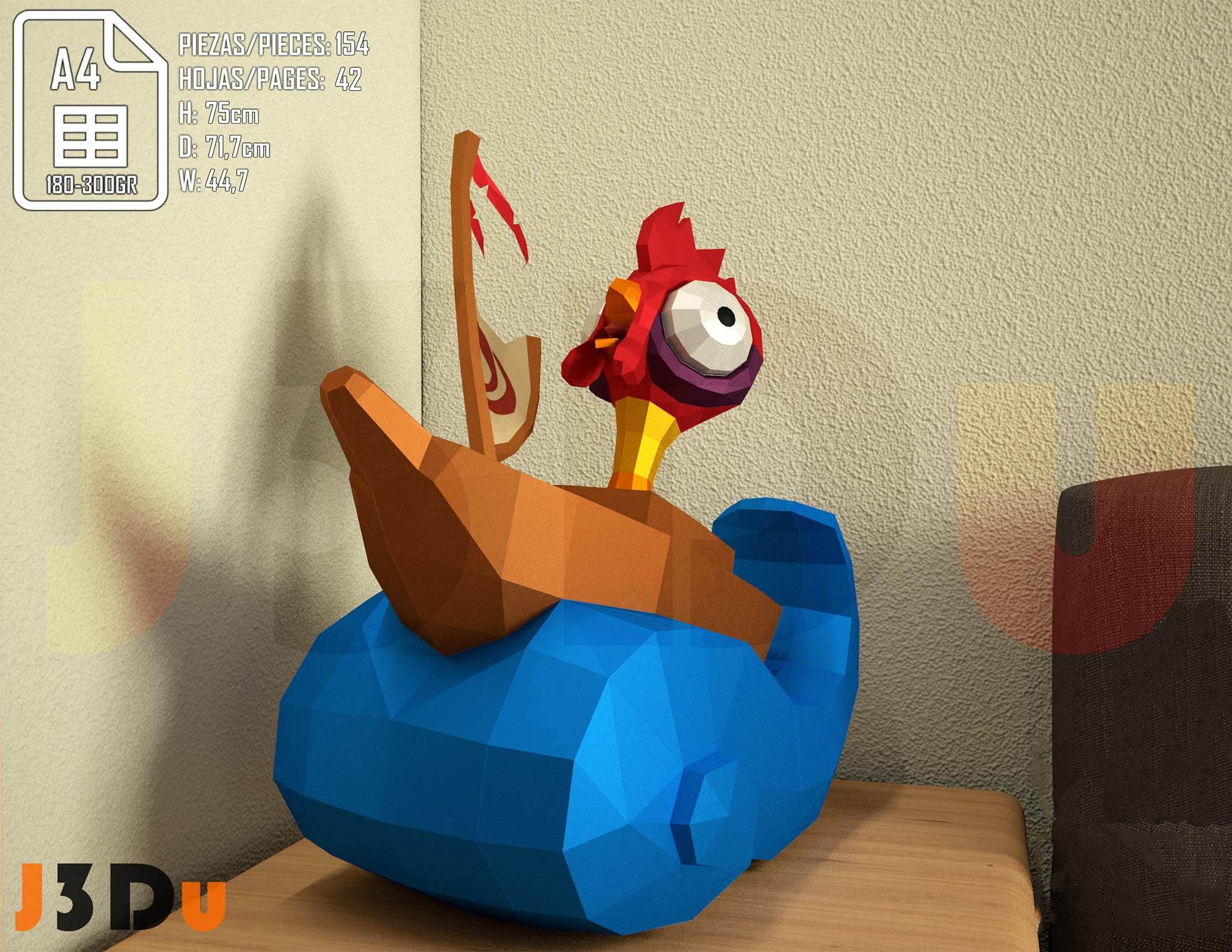 Hei Hei Rooster, Moana, Papercraft PDF, Template For office, Room, Decor, DIY gift for friends, family, Low poly Paper, Paper Craft 3D kit by J3Du