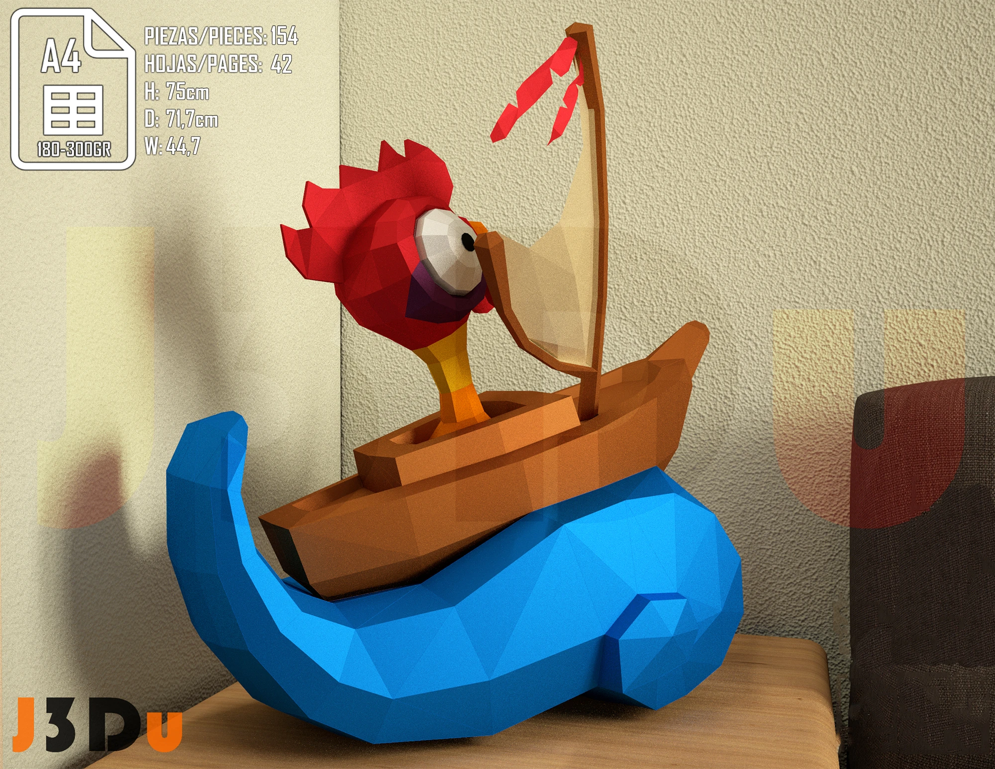 Hei Hei Rooster, Moana, Papercraft PDF, Template For office, Room, Decor, DIY gift for friends, family, Low poly Paper, Paper Craft 3D kit by J3Du