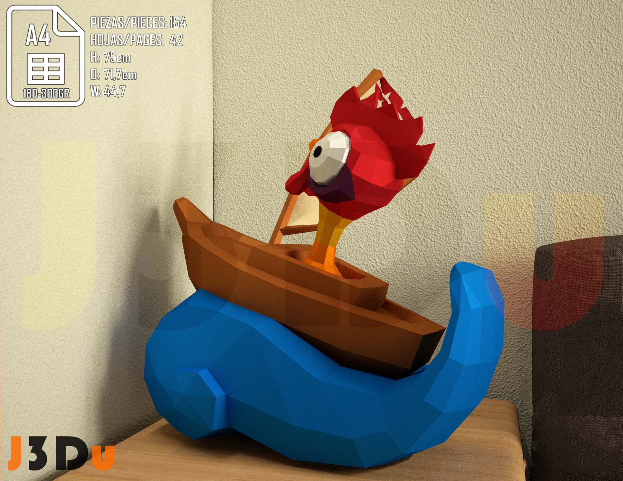 Hei Hei Rooster, Moana, Papercraft PDF, Template For office, Room, Decor, DIY gift for friends, family, Low poly Paper, Paper Craft 3D kit by J3Du