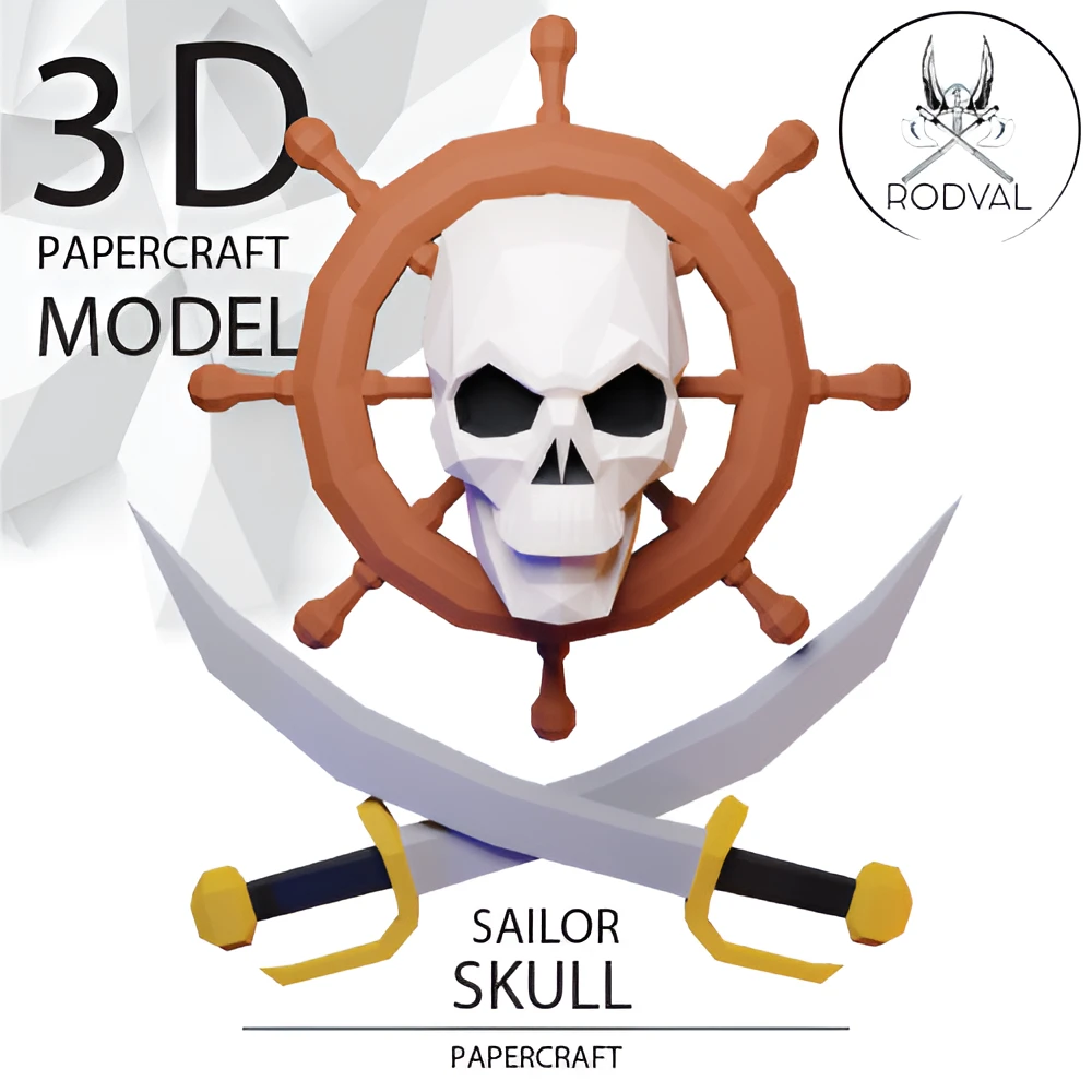 SAILOR SKULL, Papercraft, Template, DIY, Paper, Low Poly, Holiday, 3D Model, Pdf Low Poply, October, Carnival, Halloween