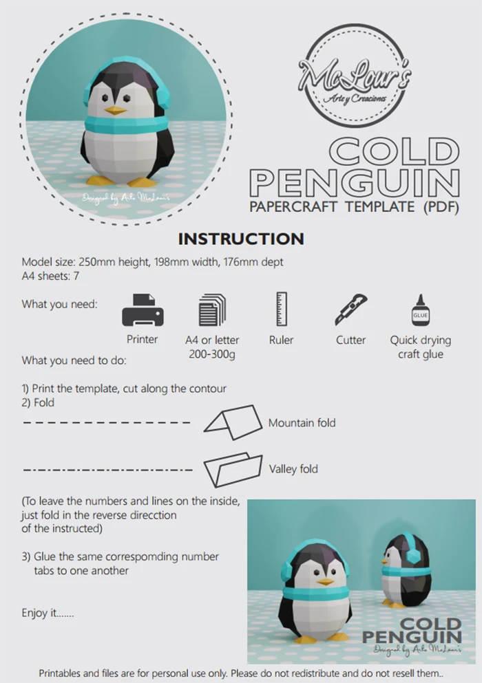 Penguin Cold/ Craft/ Resfriado de pingüino/ Template PDF/ Low Poly/ Papercraft Pingüino/ 3D Penguin/ Origami/ Home decor