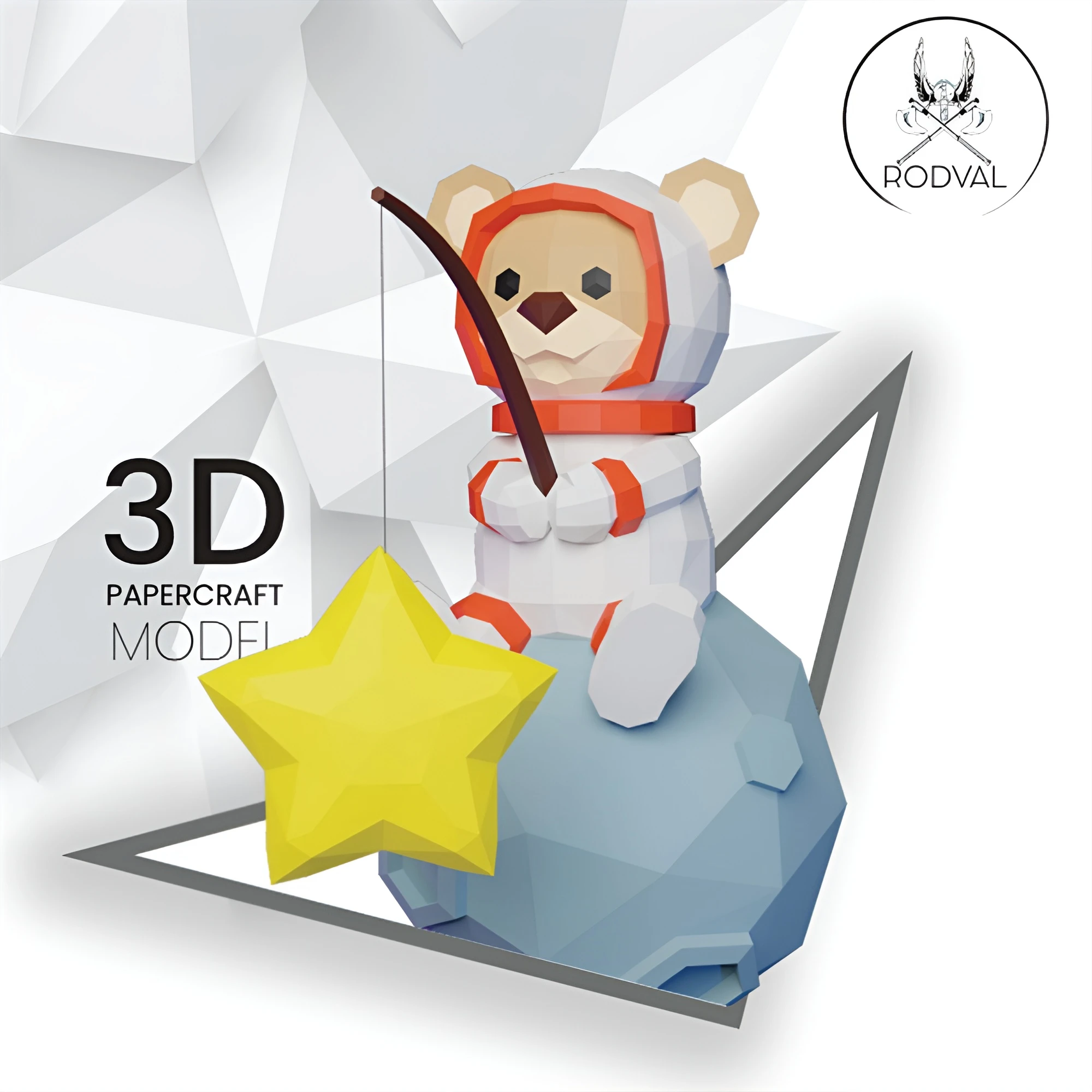 SPACEMAN TEDDY FISHING, bear, Papercraft, Template, DIY, Paper, Low Poly, Space, 3D Model, Pdf Low Poply, Kids Toy