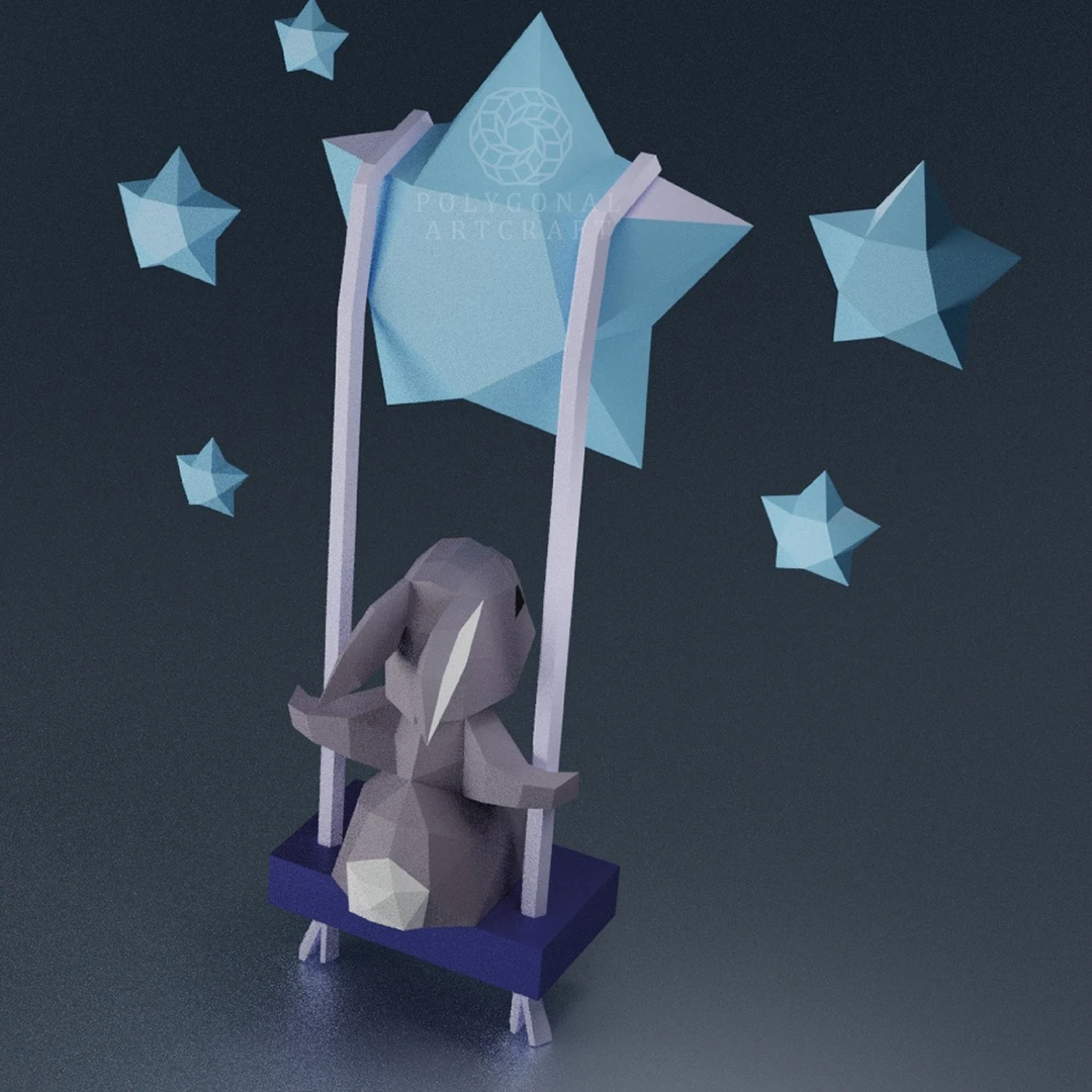 SWINGING RABBIT Papercraft 3d lowpoly PDF Template Decoration