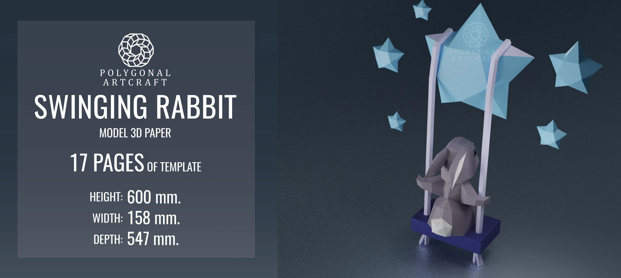 SWINGING RABBIT Papercraft 3d lowpoly PDF Template Decoration