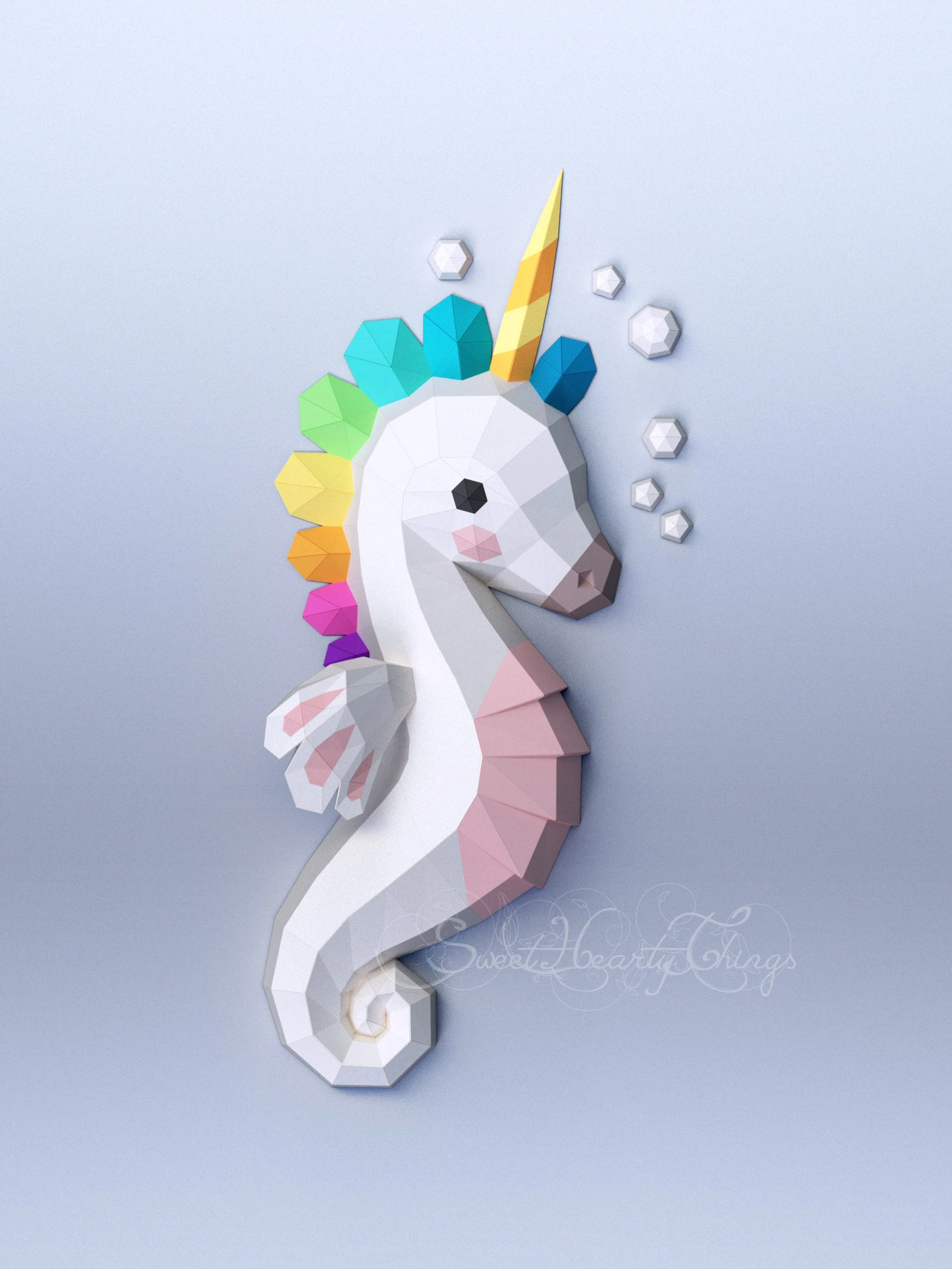 DIY 3d papercraft Seahorse Unicorn Wall Sculpture PDF Templates Low Poly SweetHeartyThings