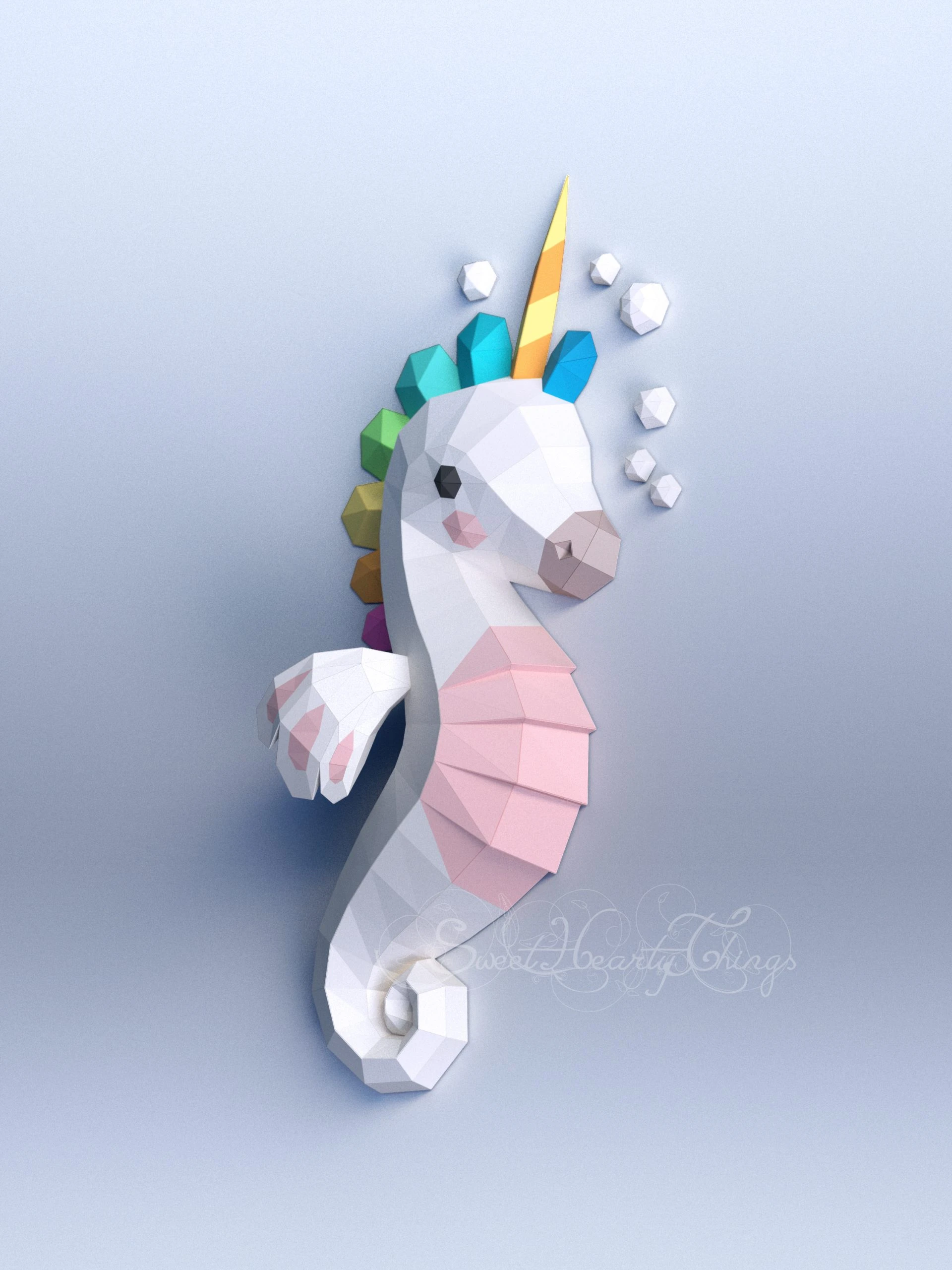 DIY 3d papercraft Seahorse Unicorn Wall Sculpture PDF Templates Low Poly SweetHeartyThings