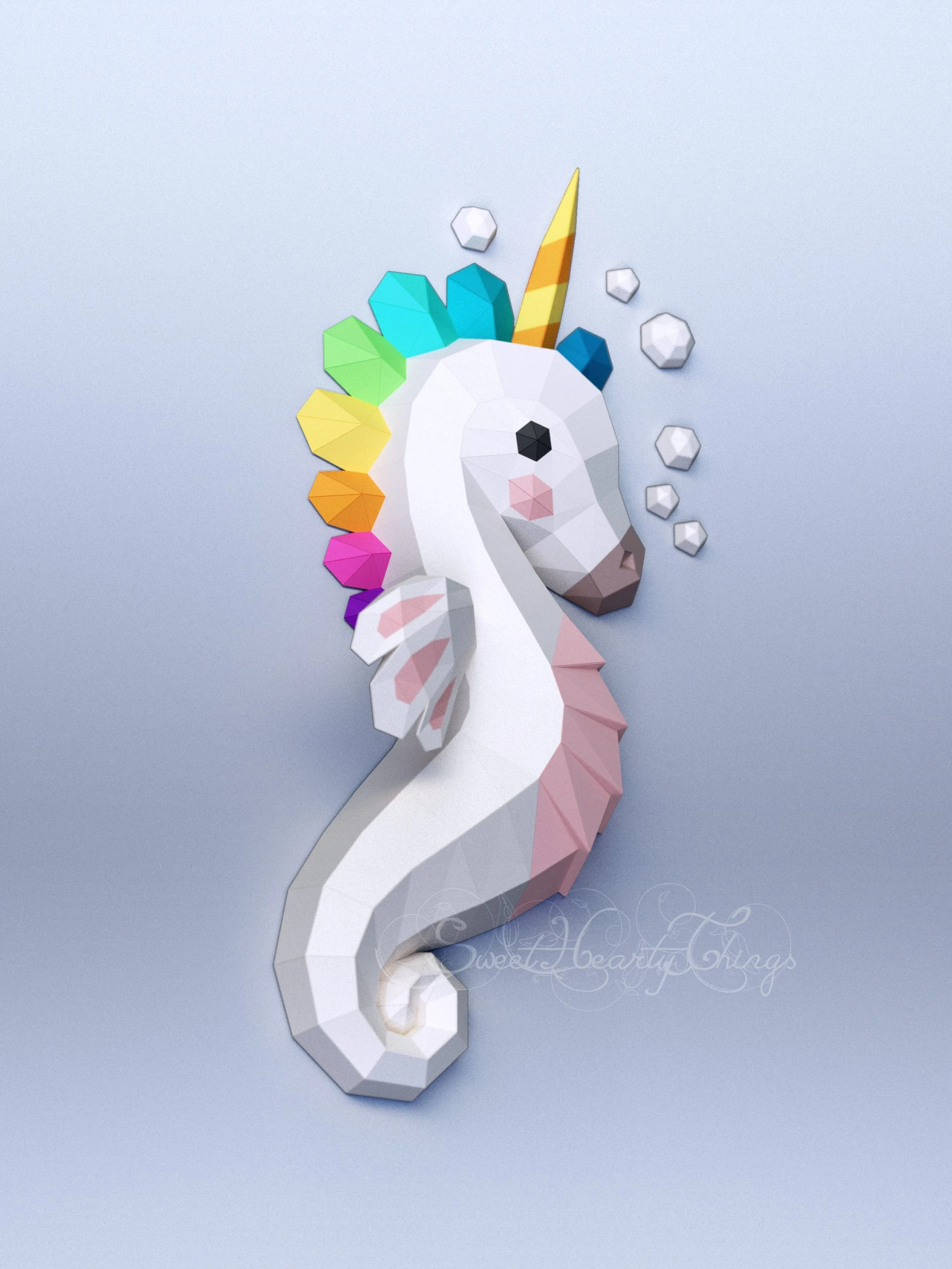 DIY 3d papercraft Seahorse Unicorn Wall Sculpture PDF Templates Low Poly SweetHeartyThings