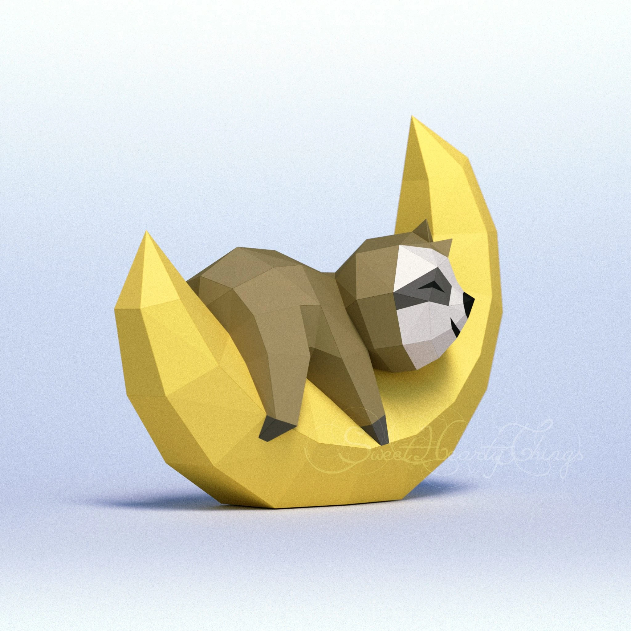 DIY 3d papercraft Little Sloth On The Moon PDF Templates Low Poly SweetHeartyThings