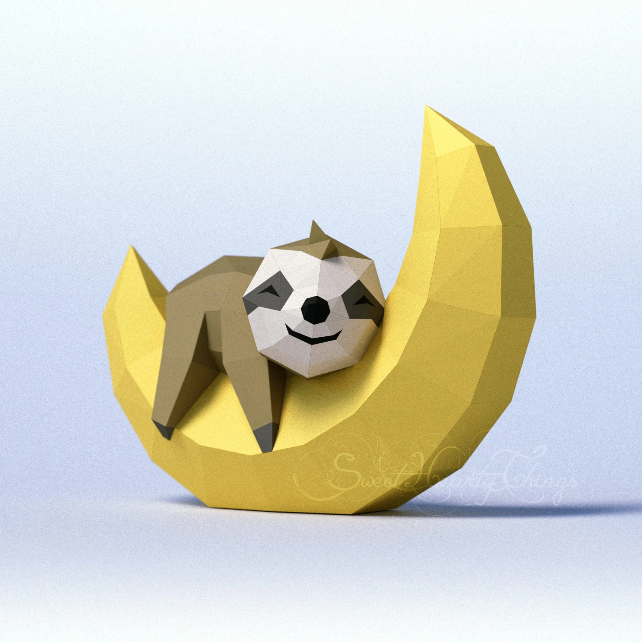 DIY 3d papercraft Little Sloth On The Moon PDF Templates Low Poly SweetHeartyThings